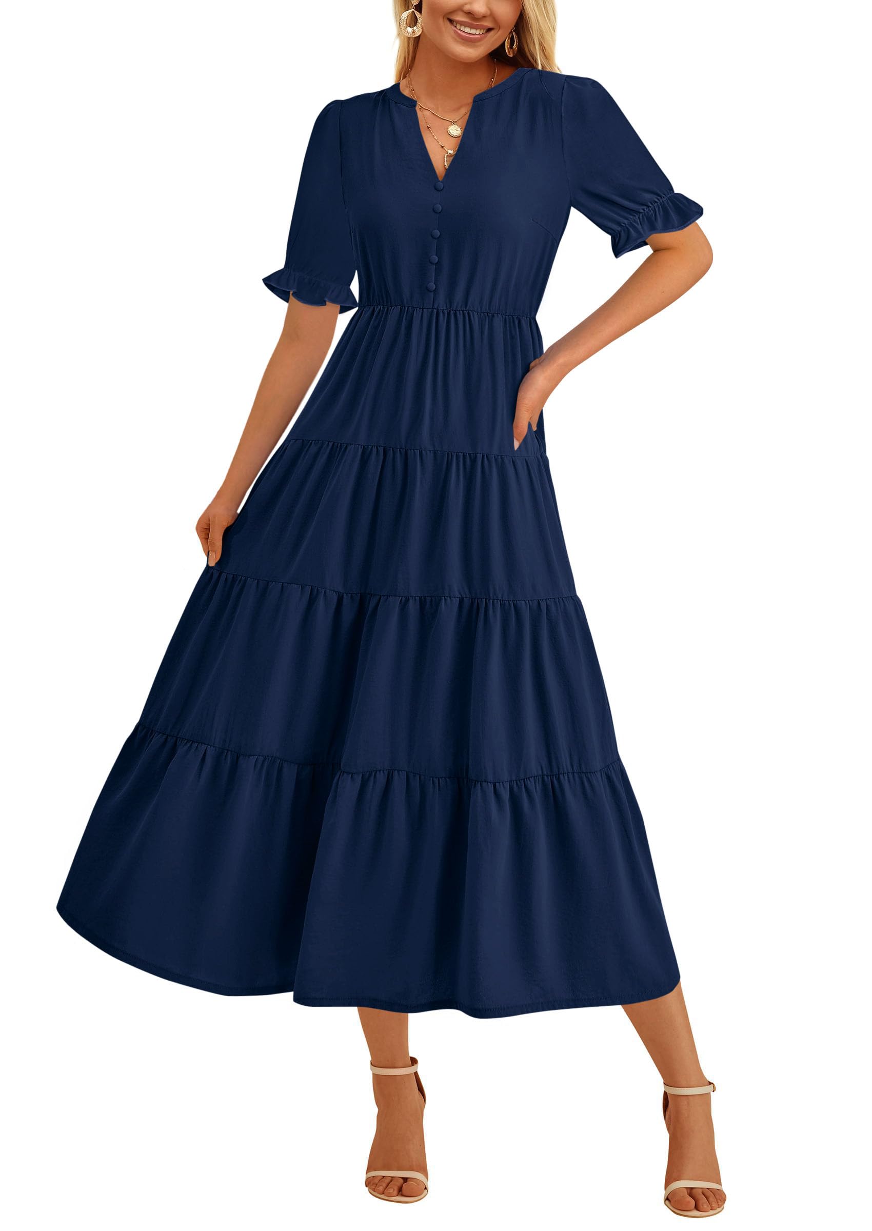 Vestido Midi Prettygarden Para Mujer, Casual, Verano 2025, Azul Marino - Venta Internacional.