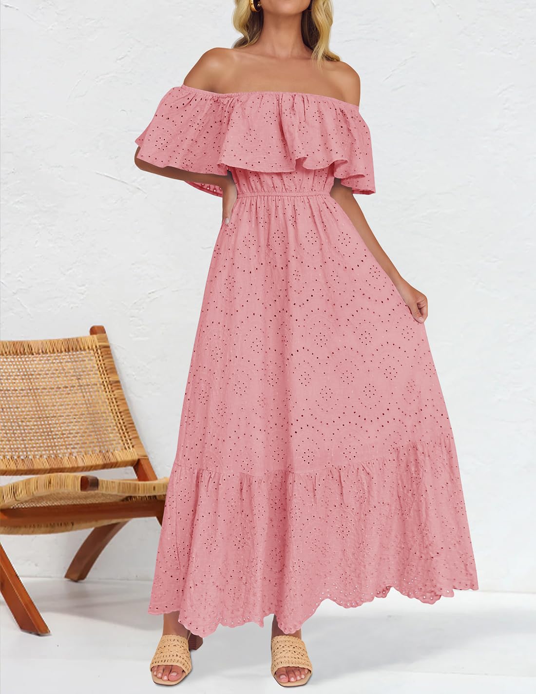 Foto 3 pulgar | Vestido Zesica A Media Pierna Con Volantes Y Hombros Descubiertos Para Verano 2025 - Venta Internacional.