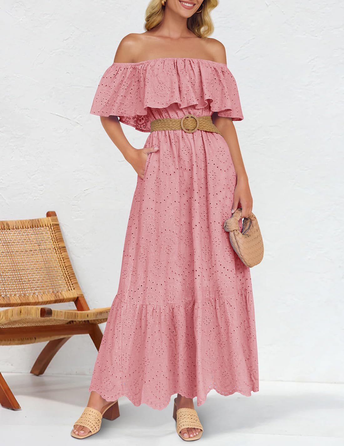 Foto 6 | Vestido Zesica A Media Pierna Con Volantes Y Hombros Descubiertos Para Verano 2025 - Venta Internacional.
