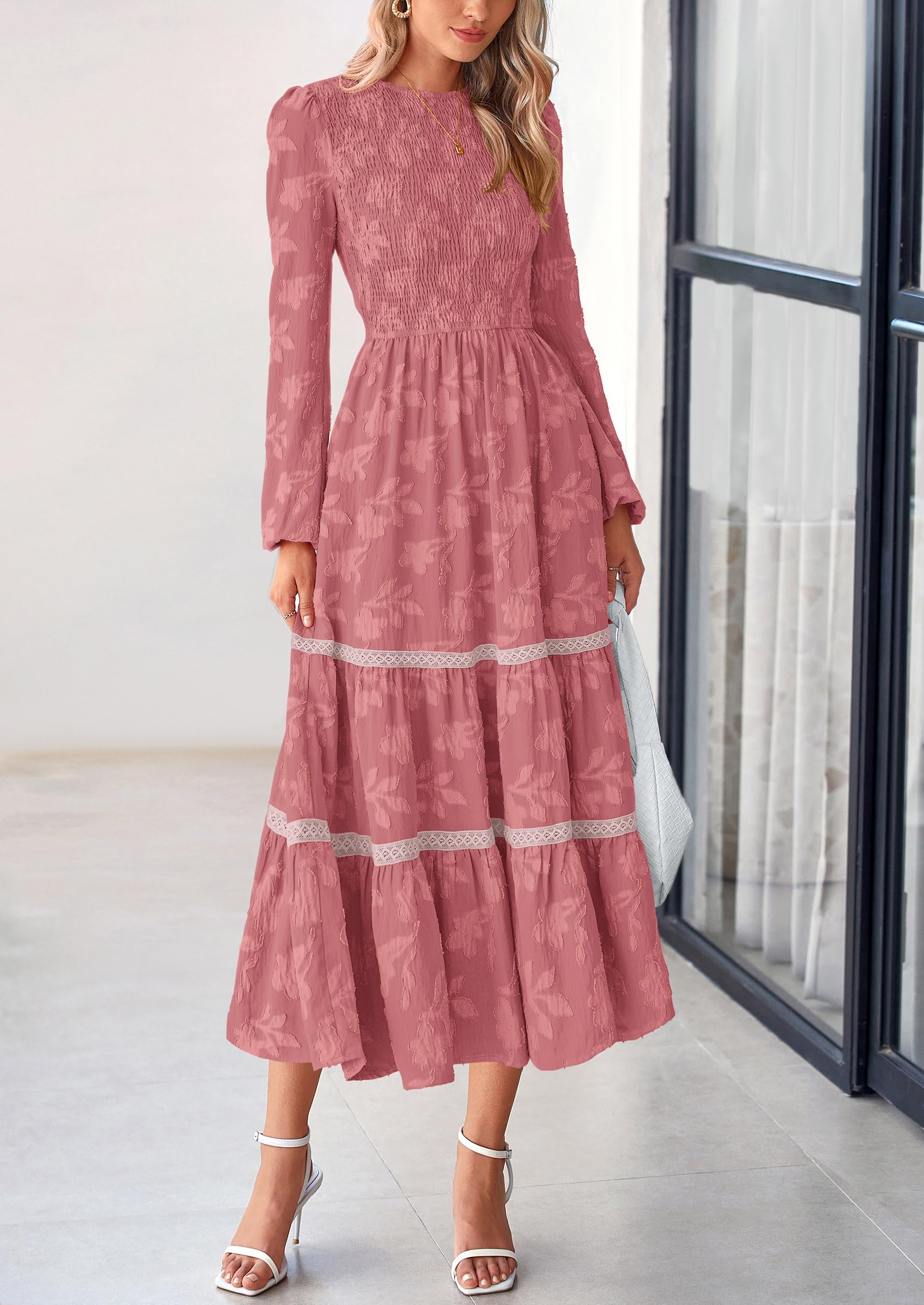 Foto 4 pulgar | Vestido Midi Prettygarden De Manga Larga Con Estampado Floral Fruncido Para Mujer - Venta Internacional.