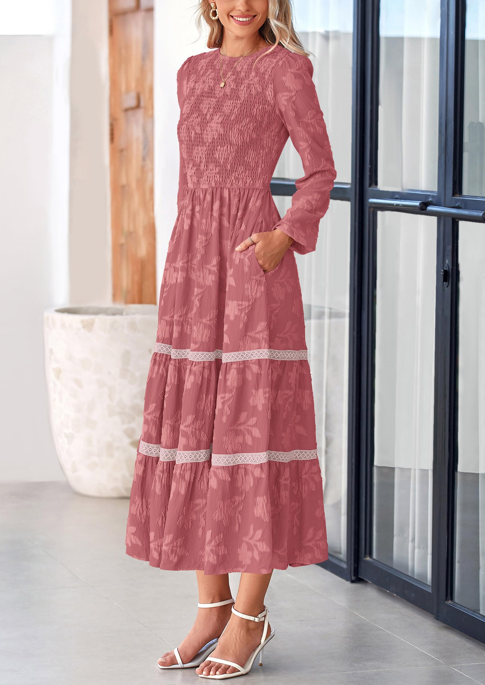 Foto 5 pulgar | Vestido Midi Prettygarden De Manga Larga Con Estampado Floral Fruncido Para Mujer - Venta Internacional.
