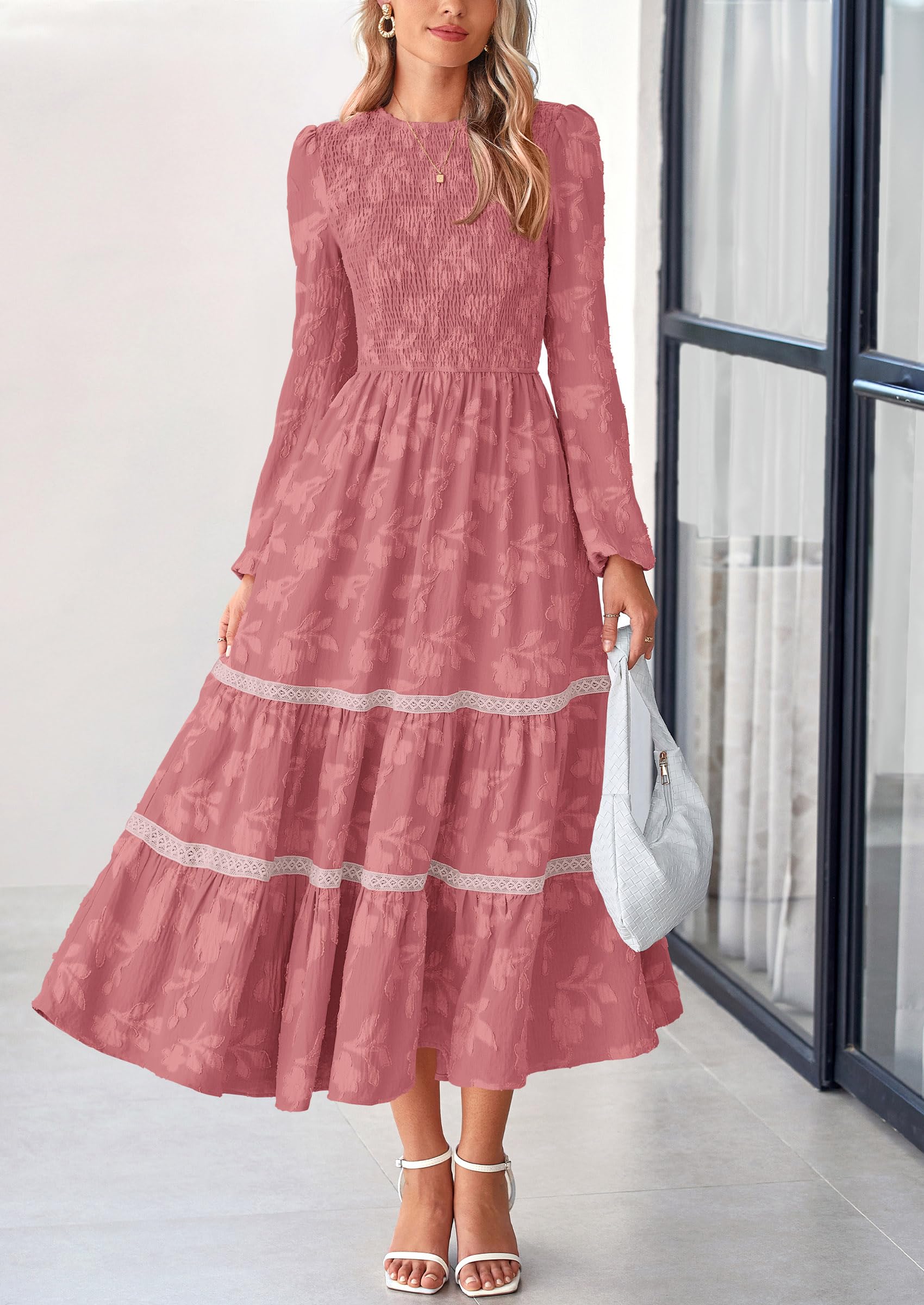 Foto 6 pulgar | Vestido Midi Prettygarden De Manga Larga Con Estampado Floral Fruncido Para Mujer - Venta Internacional.