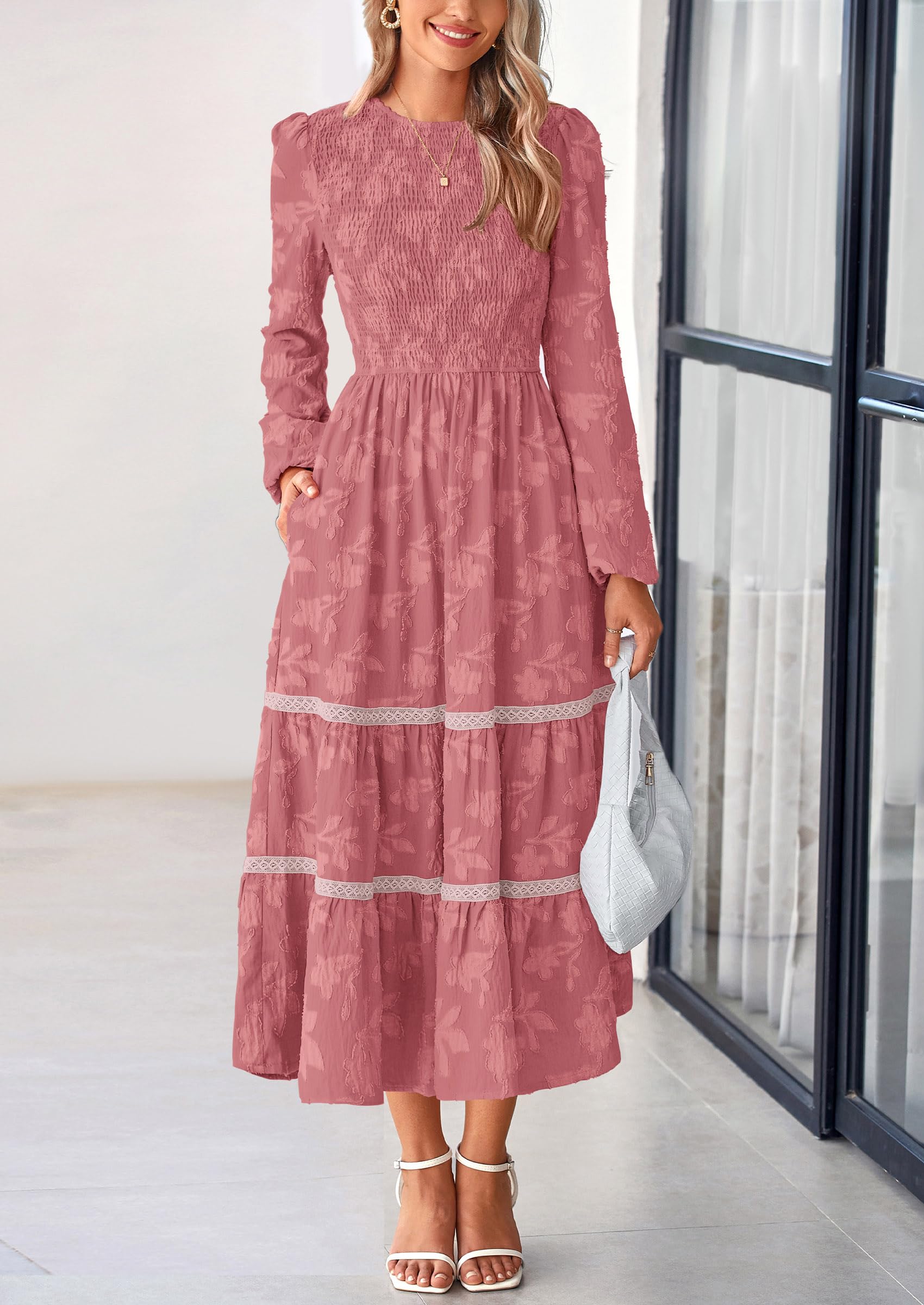 Foto 8 pulgar | Vestido Midi Prettygarden De Manga Larga Con Estampado Floral Fruncido Para Mujer - Venta Internacional.