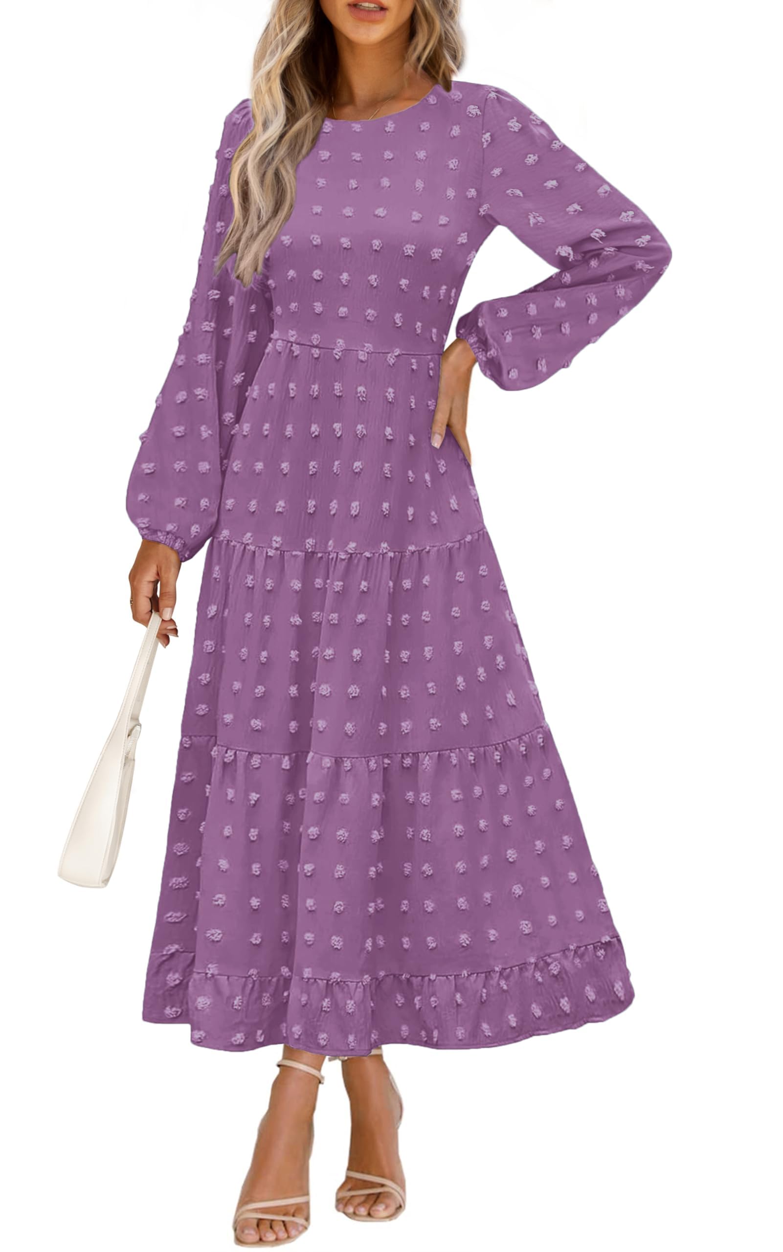 Vestido Largo Prettygarden Para Mujer, Elegante, Con Lunares Suizos, Color Morado - Venta Internacional.