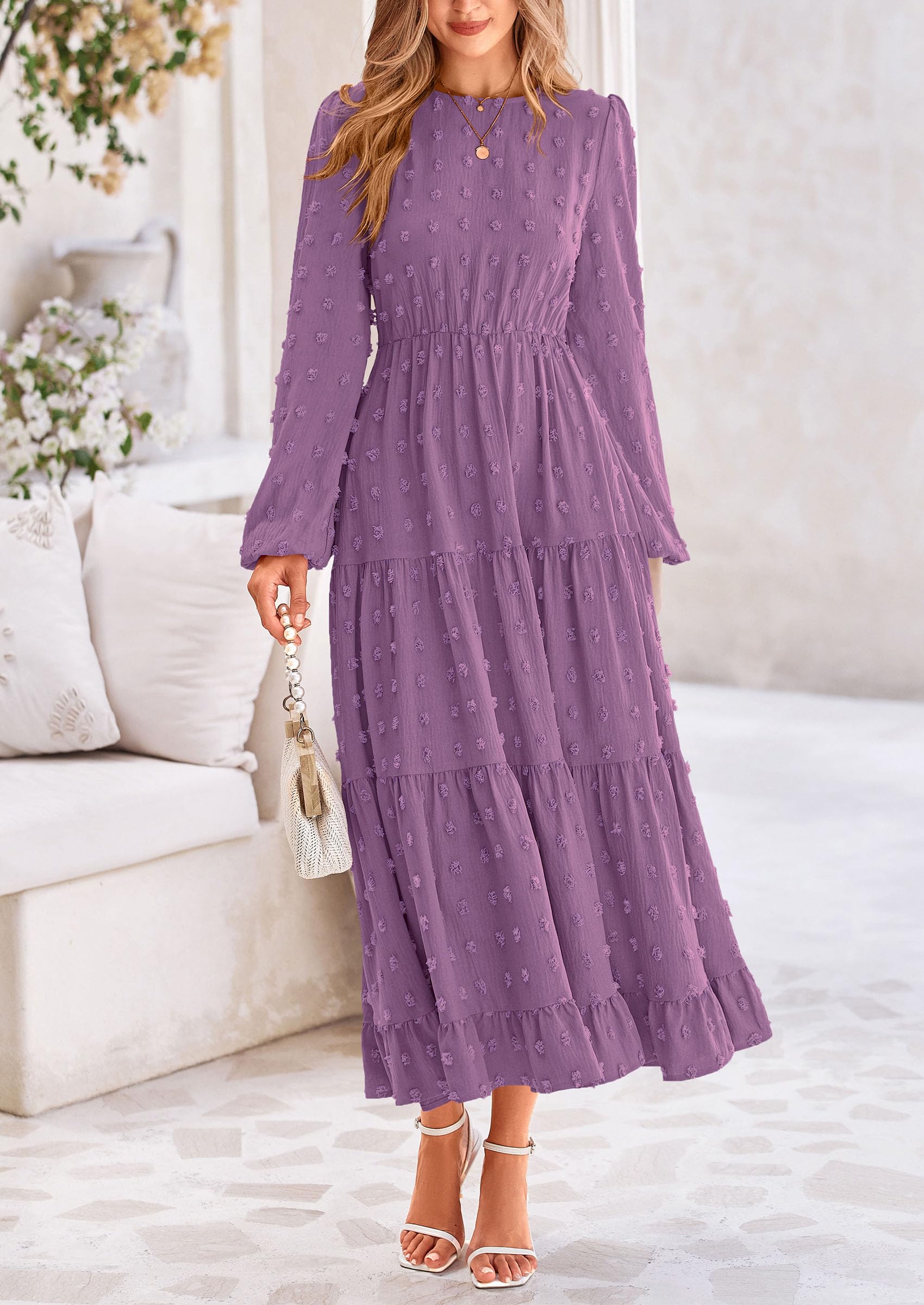 Foto 4 pulgar | Vestido Largo Prettygarden Para Mujer, Elegante, Con Lunares Suizos, Color Morado - Venta Internacional.