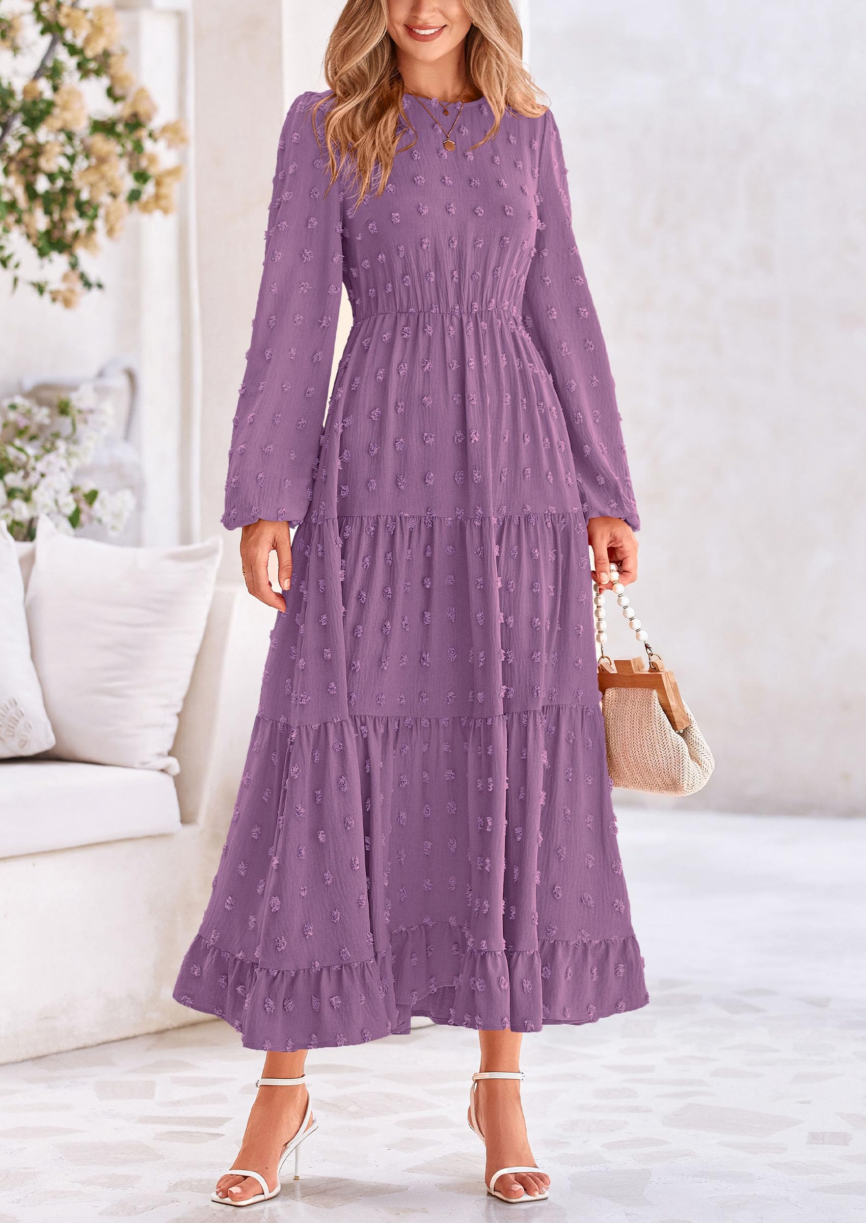 Foto 5 pulgar | Vestido Largo Prettygarden Para Mujer, Elegante, Con Lunares Suizos, Color Morado - Venta Internacional.