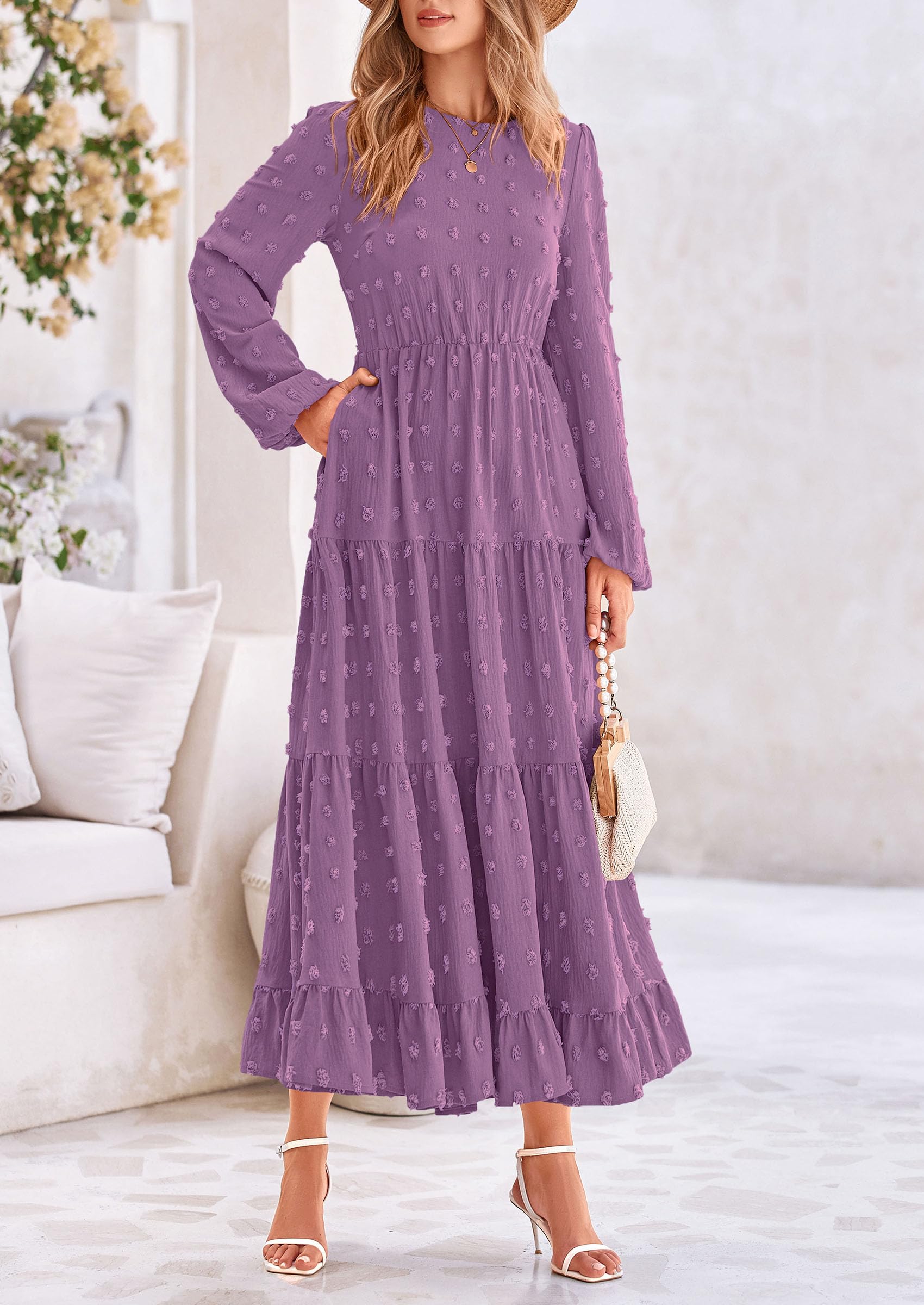 Foto 6 pulgar | Vestido Largo Prettygarden Para Mujer, Elegante, Con Lunares Suizos, Color Morado - Venta Internacional.