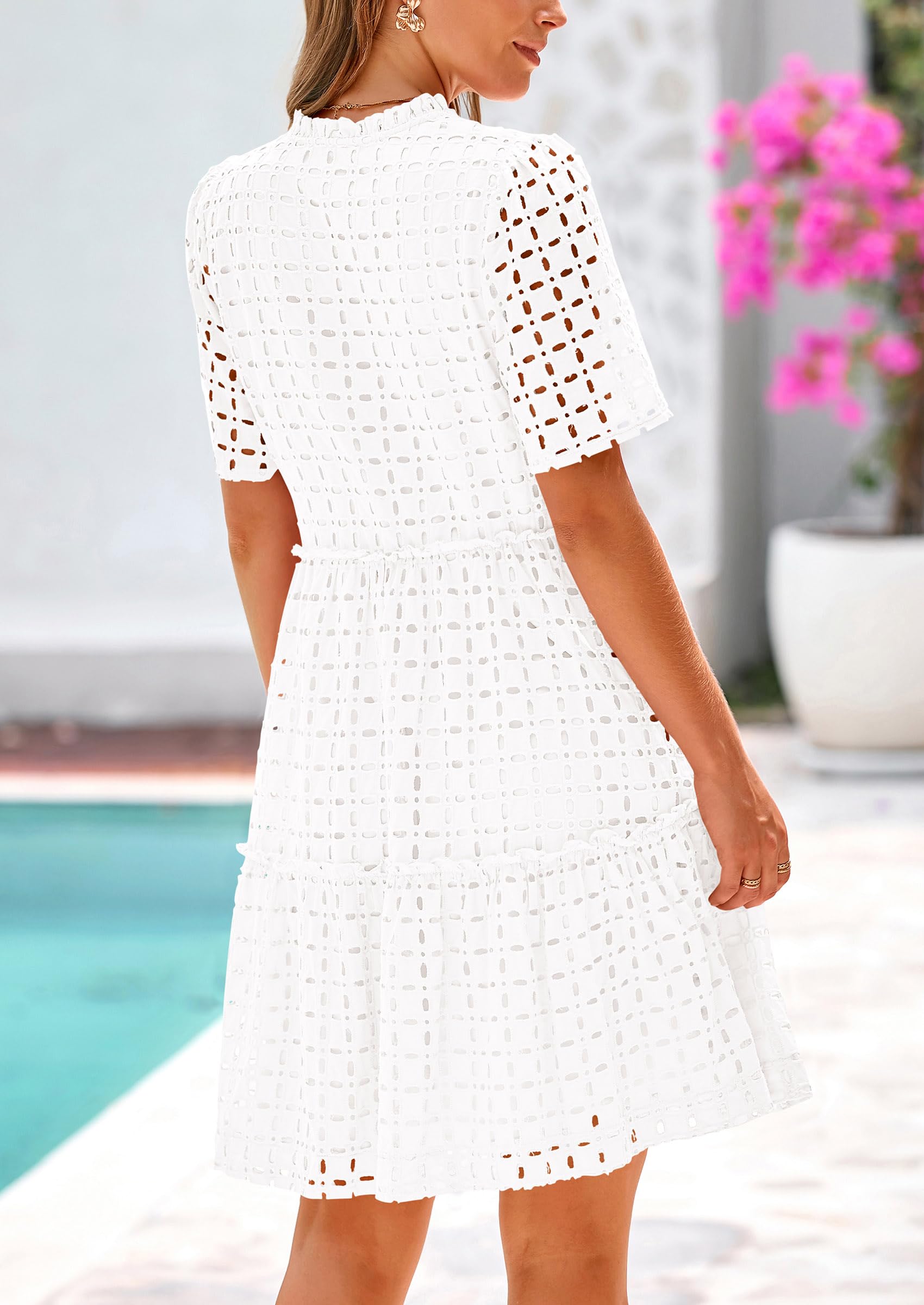 Foto 3 pulgar | Vestido Prettygarden De Manga Corta Con Cuello En V Para Mujer, Blanco - Venta Internacional.