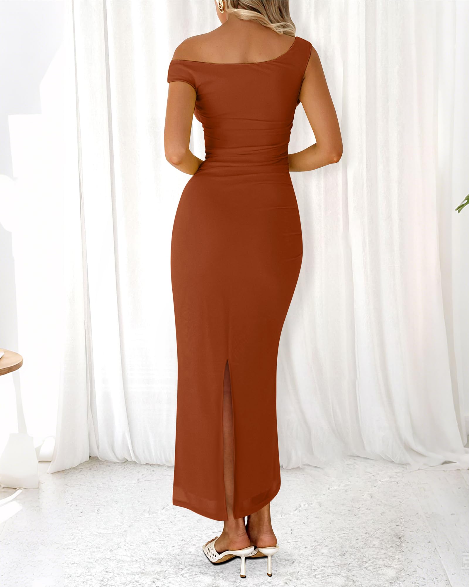 Foto 4 pulgar | Vestido Largo Btfbm De Verano Con Un Solo Hombro Y Abertura Fruncida De Malla Para Mujer - Venta Internacional.