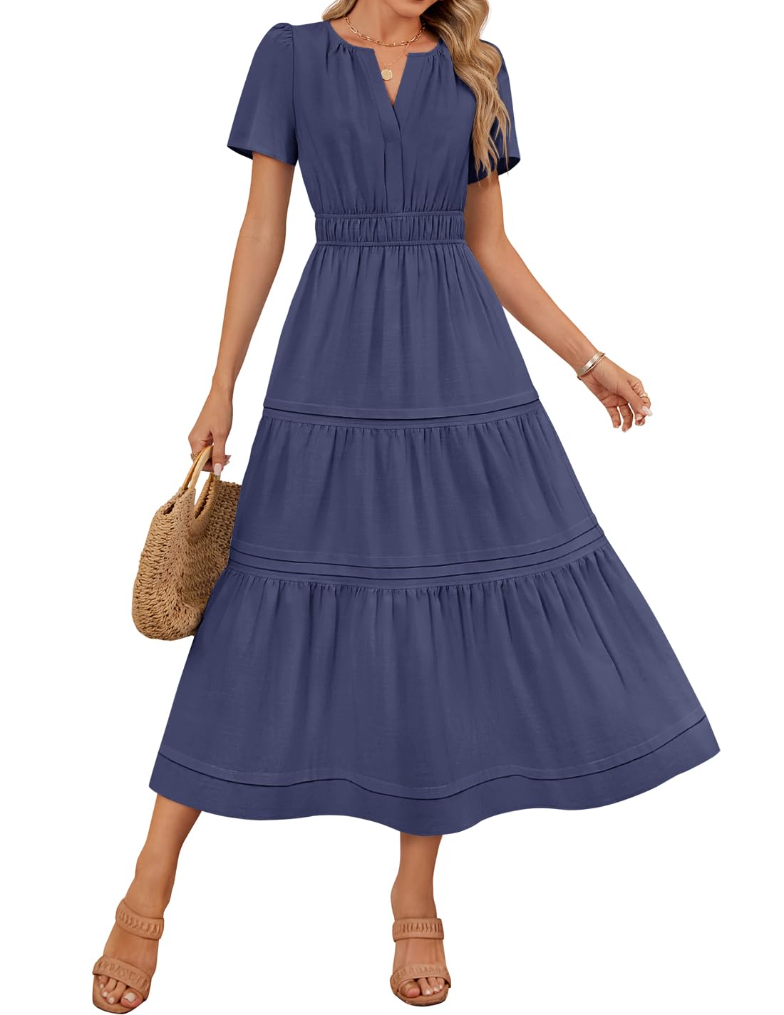 Vestido Midi Zesica, Casual De Verano, Cuello En V, Cintura Elástica, Azul Marino - Venta Internacional.
