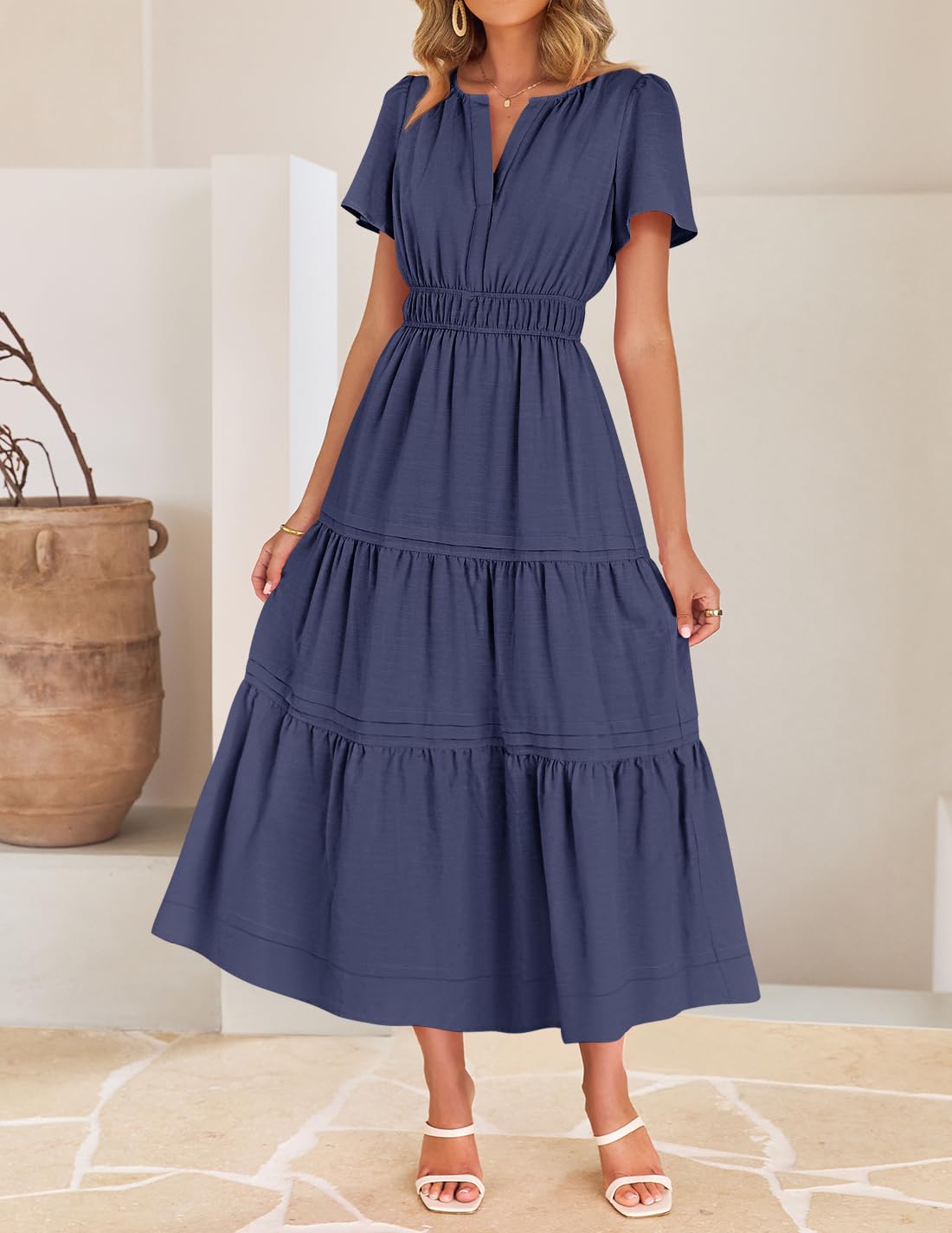 Foto 3 pulgar | Vestido Midi Zesica, Casual De Verano, Cuello En V, Cintura Elástica, Azul Marino - Venta Internacional.