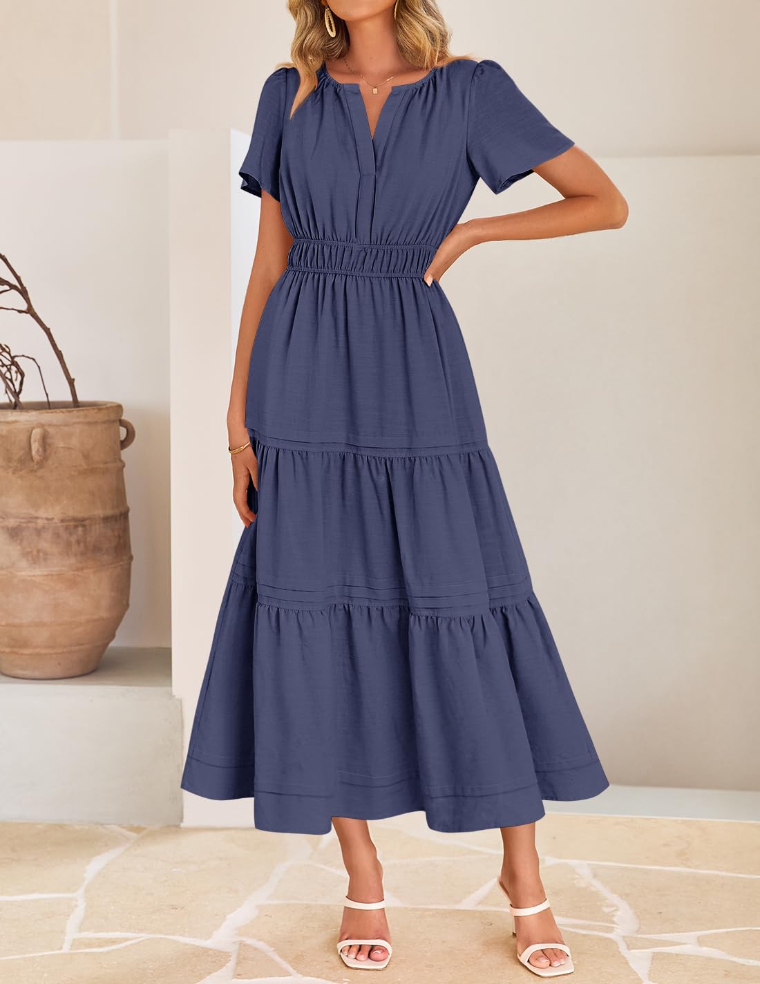 Foto 4 pulgar | Vestido Midi Zesica, Casual De Verano, Cuello En V, Cintura Elástica, Azul Marino - Venta Internacional.
