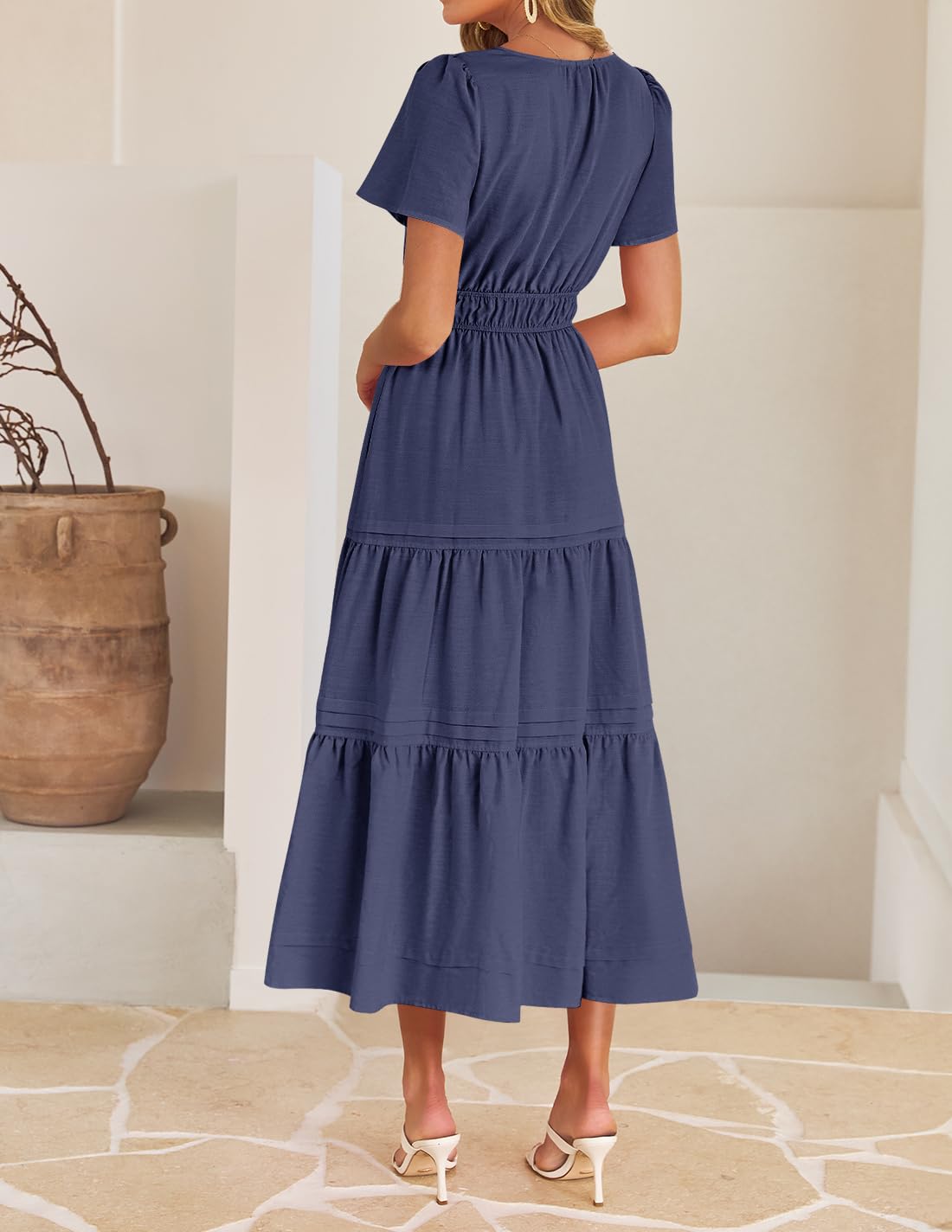 Foto 5 pulgar | Vestido Midi Zesica, Casual De Verano, Cuello En V, Cintura Elástica, Azul Marino - Venta Internacional.