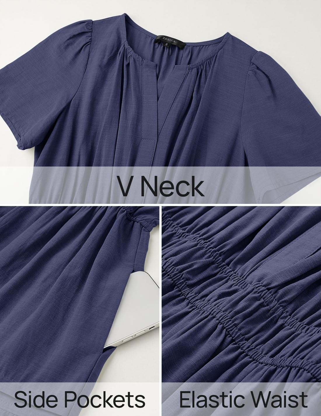 Foto 7 pulgar | Vestido Midi Zesica, Casual De Verano, Cuello En V, Cintura Elástica, Azul Marino - Venta Internacional.
