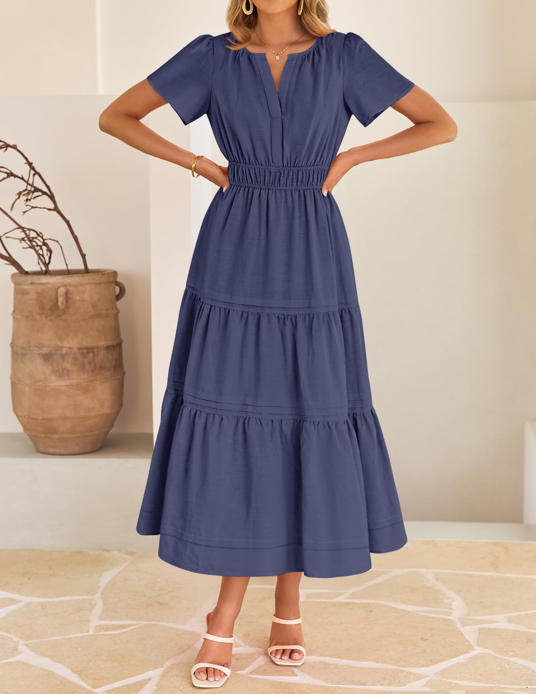 Foto 8 pulgar | Vestido Midi Zesica, Casual De Verano, Cuello En V, Cintura Elástica, Azul Marino - Venta Internacional.