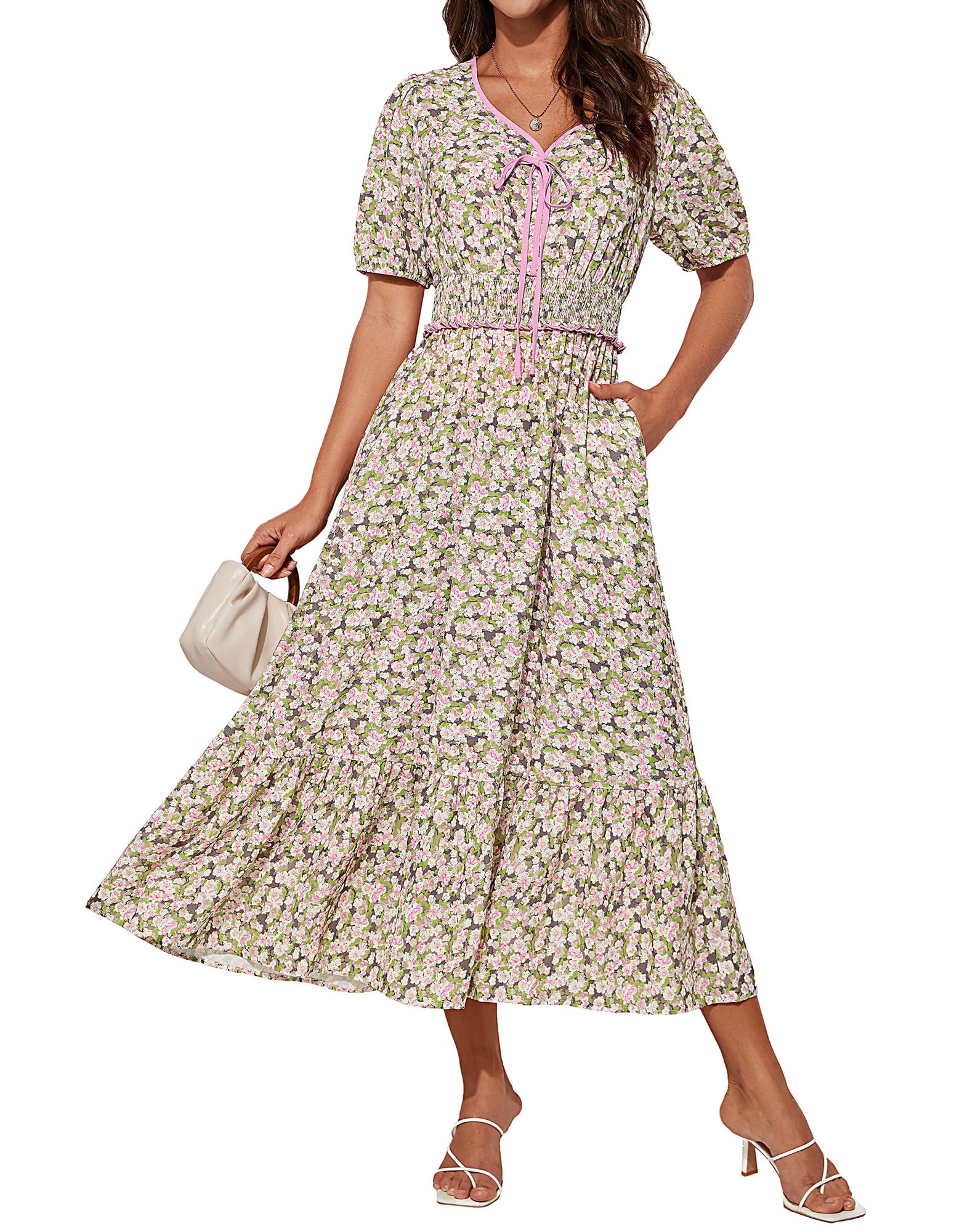 Vestido De Verano Grace Karin Floral Fluido, Largo, Midi, Verde Y Rosa - Venta Internacional.