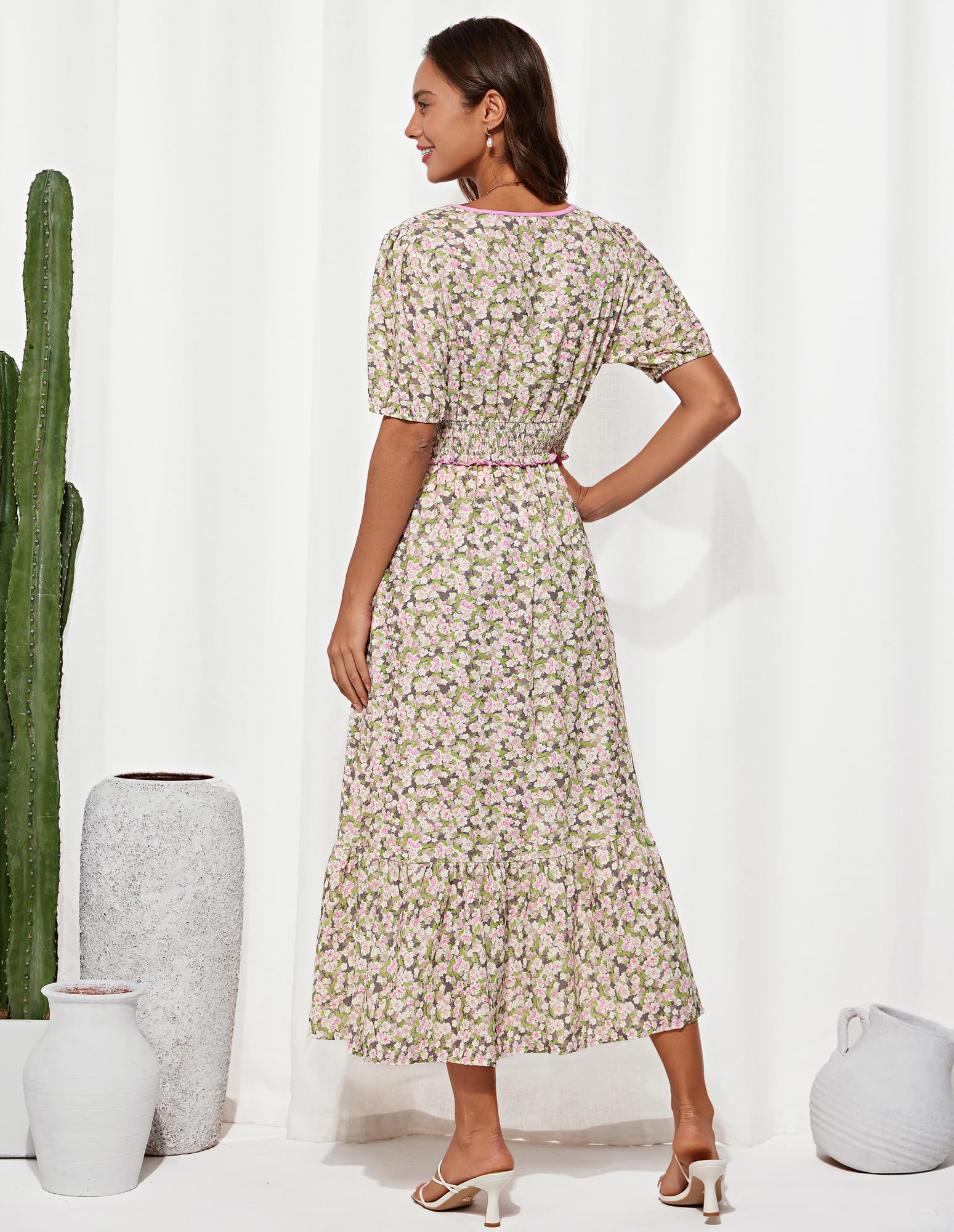 Foto 4 pulgar | Vestido De Verano Grace Karin Floral Fluido, Largo, Midi, Verde Y Rosa - Venta Internacional.
