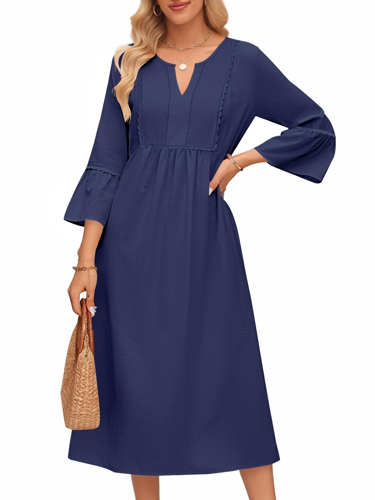 Vestido Midi Merokeety Para Mujer, Manga 3/4, Cuello En V, Azul Marino Fluido - Venta Internacional.