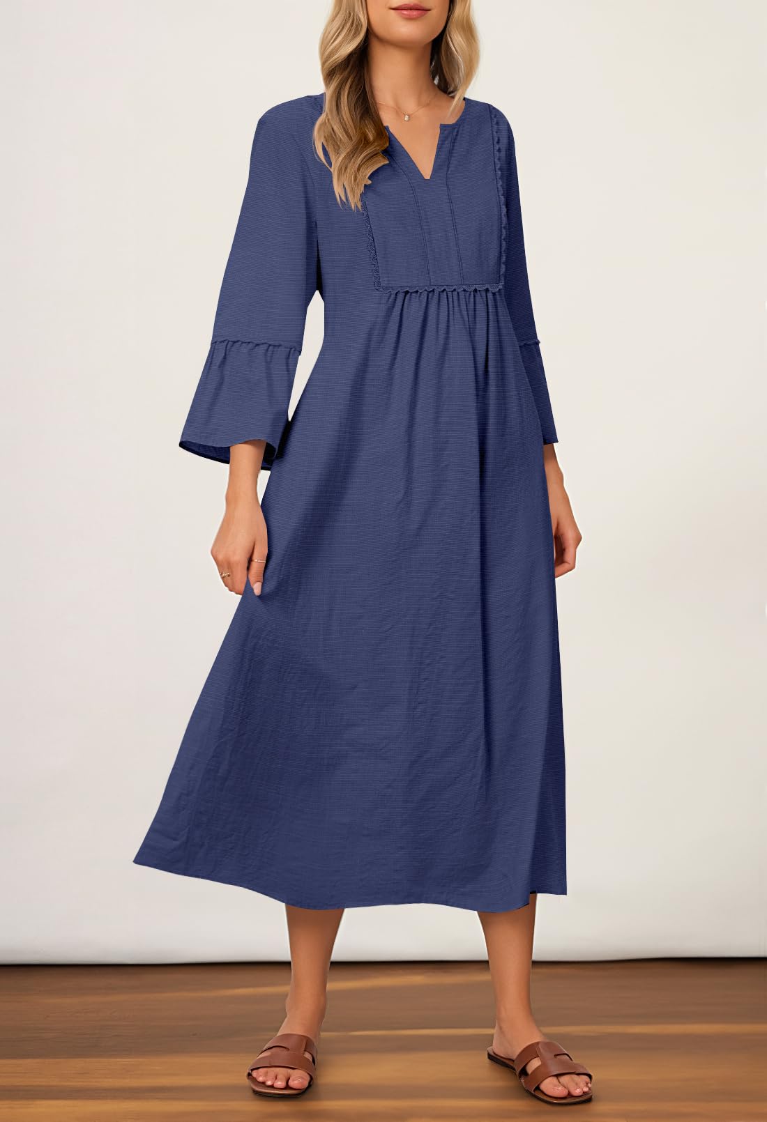 Foto 2 | Vestido Midi Merokeety Para Mujer, Manga 3/4, Cuello En V, Azul Marino Fluido - Venta Internacional.