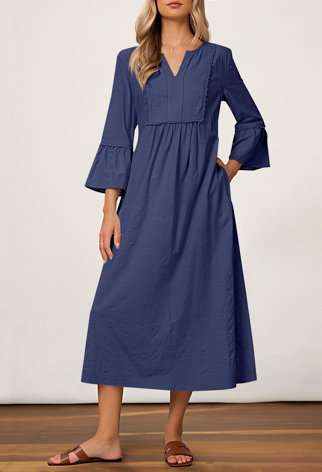 Foto 4 pulgar | Vestido Midi Merokeety Para Mujer, Manga 3/4, Cuello En V, Azul Marino Fluido - Venta Internacional.