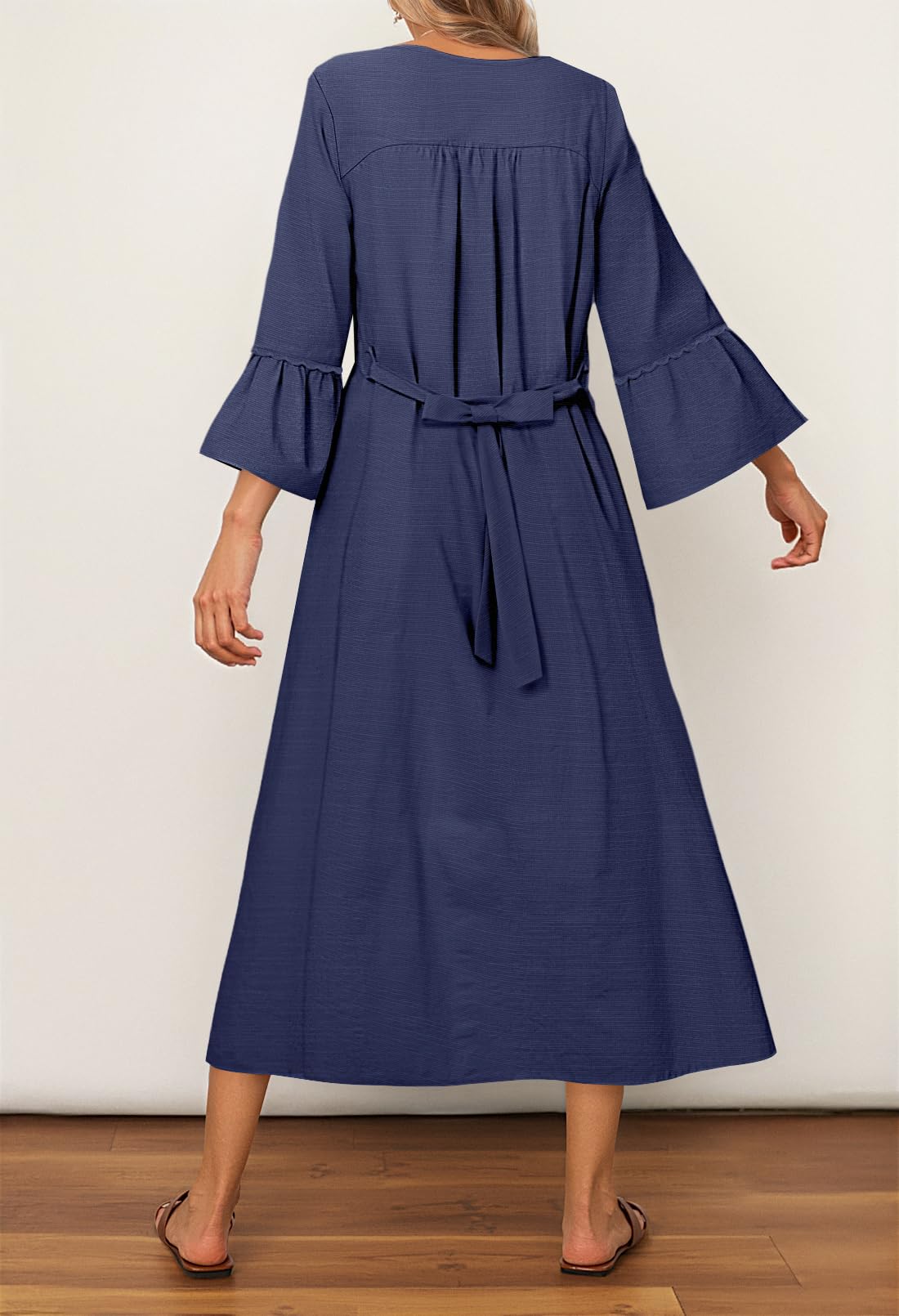 Foto 5 pulgar | Vestido Midi Merokeety Para Mujer, Manga 3/4, Cuello En V, Azul Marino Fluido - Venta Internacional.