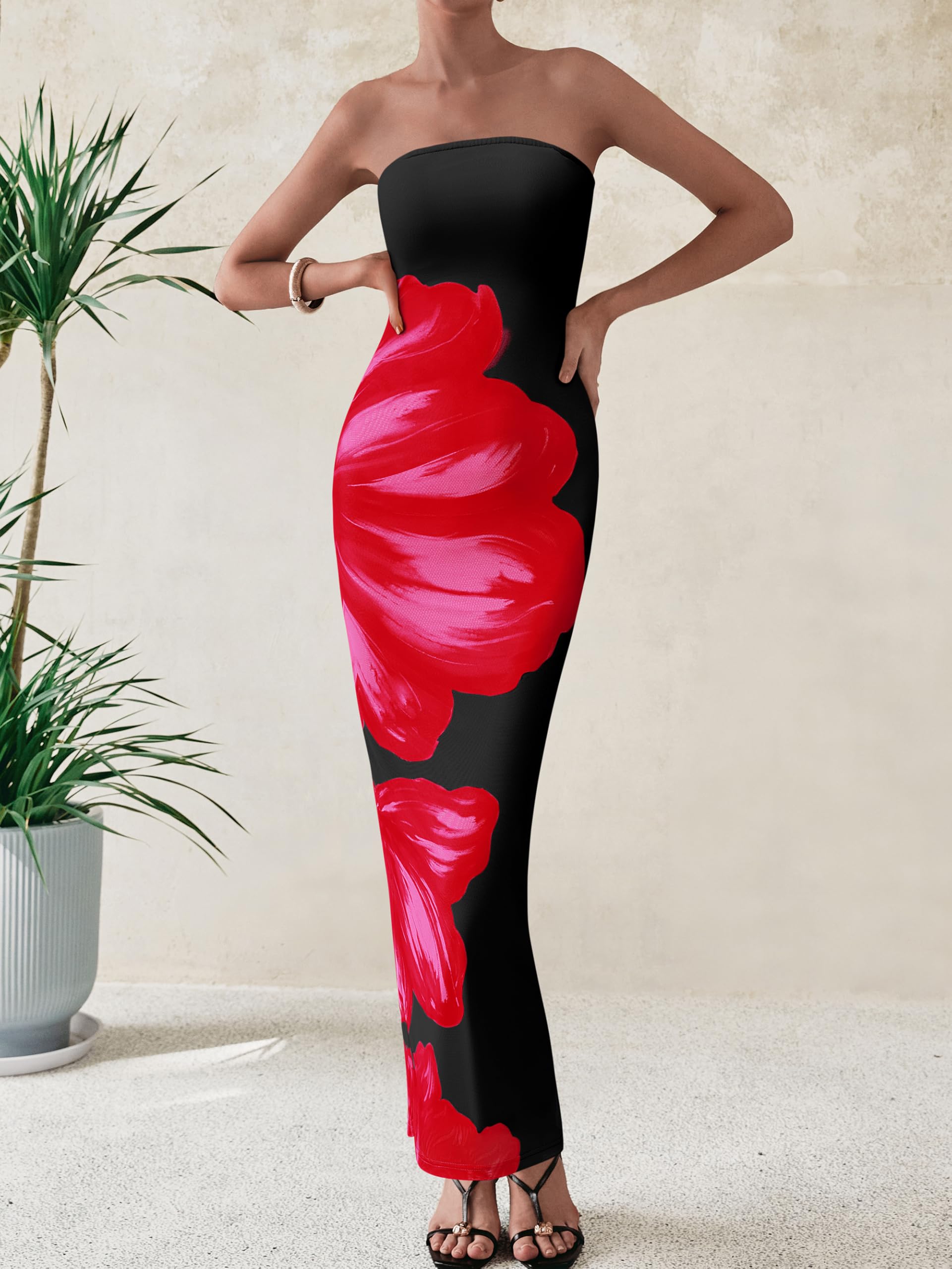 Foto 4 pulgar | Vestido Largo Prettygarden Para Mujer, Sin Tirantes, Con Estampado Floral - Venta Internacional.