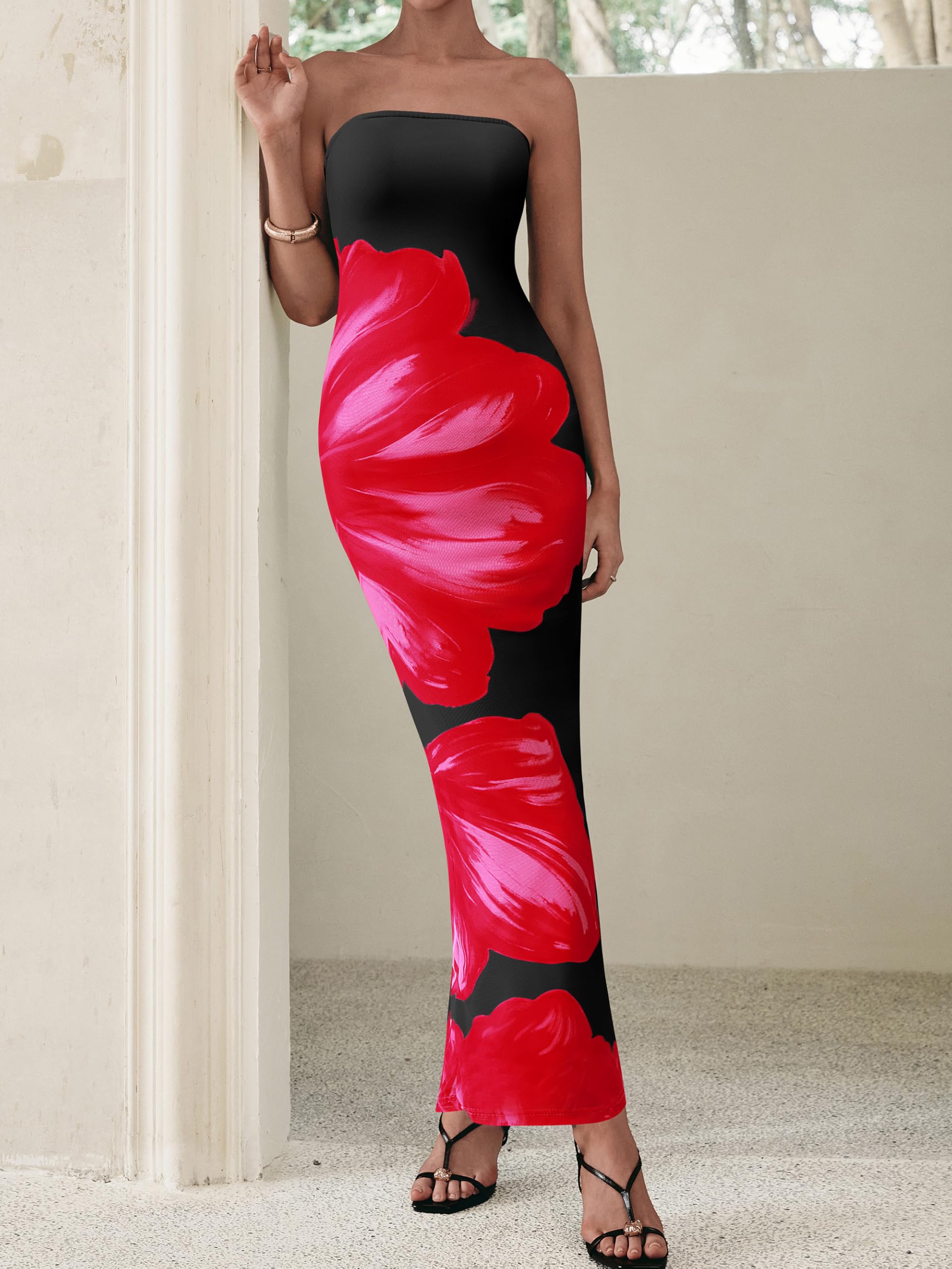 Foto 5 pulgar | Vestido Largo Prettygarden Para Mujer, Sin Tirantes, Con Estampado Floral - Venta Internacional.