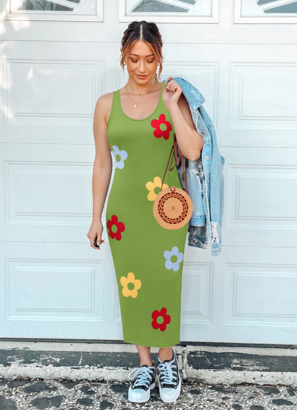 Foto 8 pulgar | Vestido Ajustado De Verano Zesica, De Punto Floral, Midi, Verde, Para Mujer - Venta Internacional.