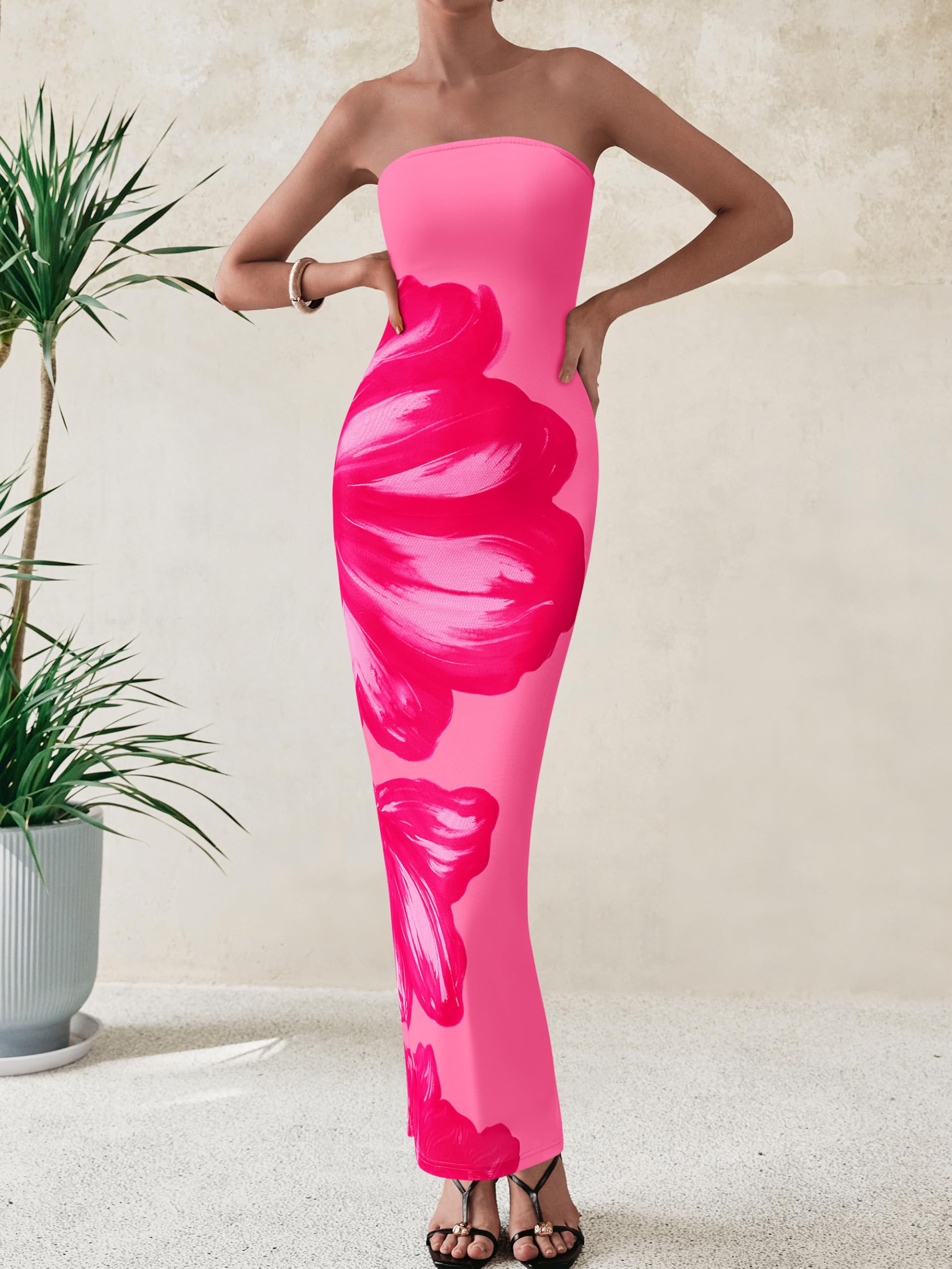 Foto 4 pulgar | Vestido Largo Prettygarden Para Mujer, Sin Tirantes, Con Estampado Floral, Malla, Talla S - Venta Internacional.