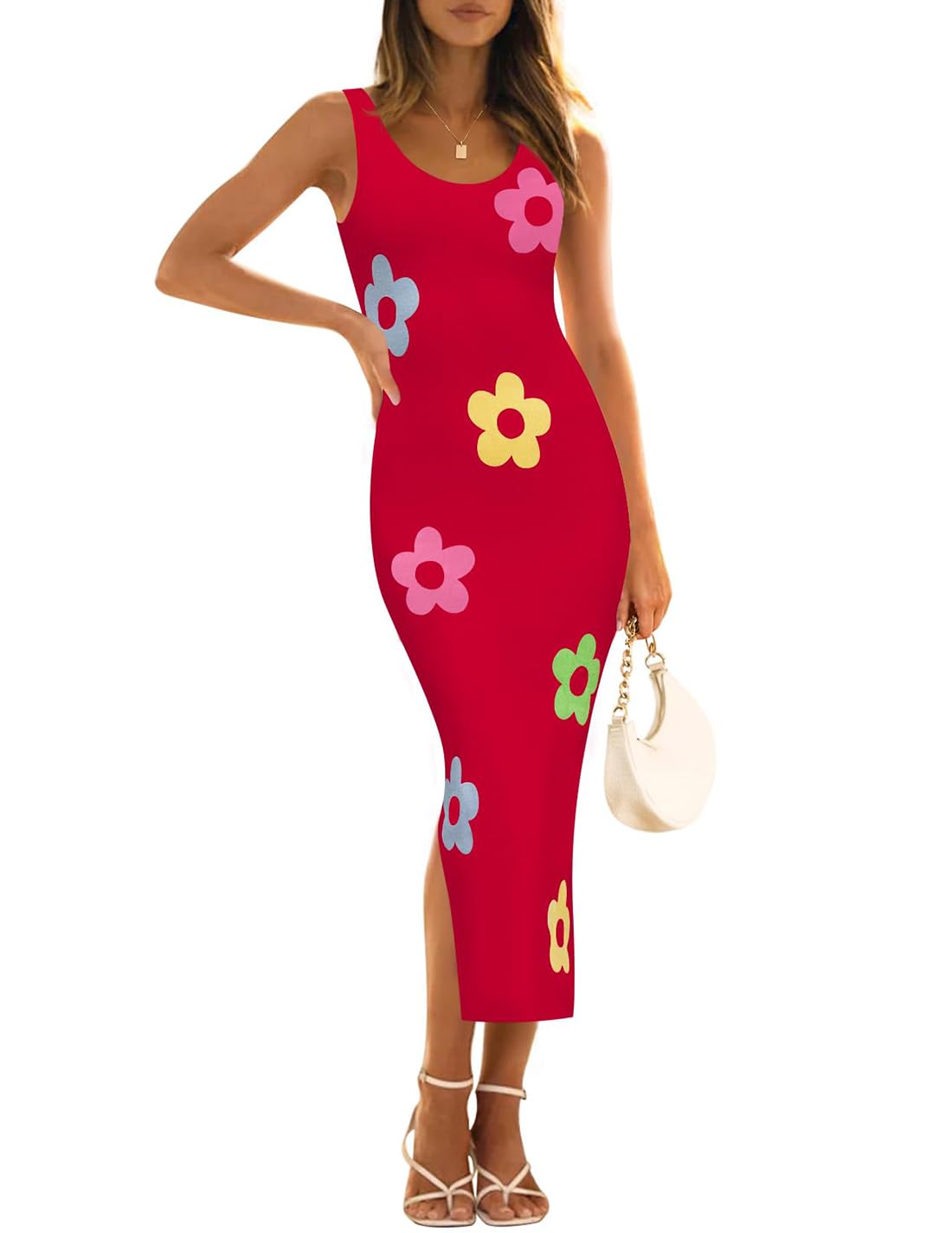 Foto 2 pulgar | Vestido Zesica Summer Floral Knit Bodycon Midi Rojo Para Mujer - Venta Internacional.