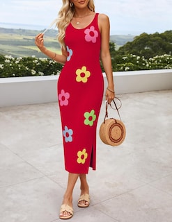 Foto 2 | Vestido Zesica Summer Floral Knit Bodycon Midi Rojo Para Mujer - Venta Internacional.