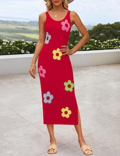 Foto 4 | Vestido Zesica Summer Floral Knit Bodycon Midi Rojo Para Mujer - Venta Internacional.