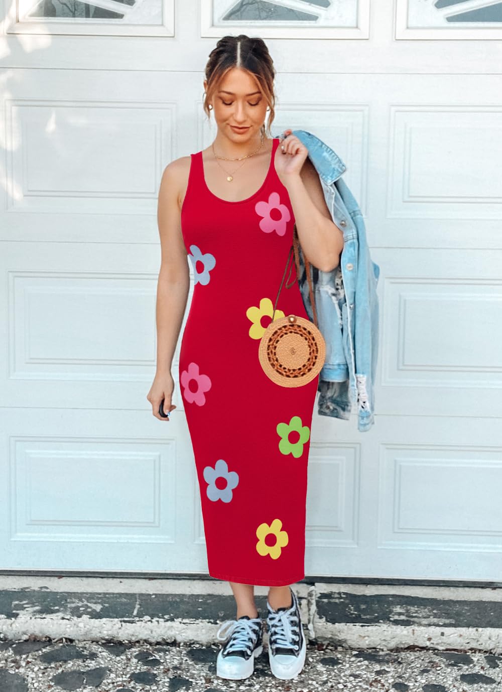 Foto 8 pulgar | Vestido Zesica Summer Floral Knit Bodycon Midi Rojo Para Mujer - Venta Internacional.
