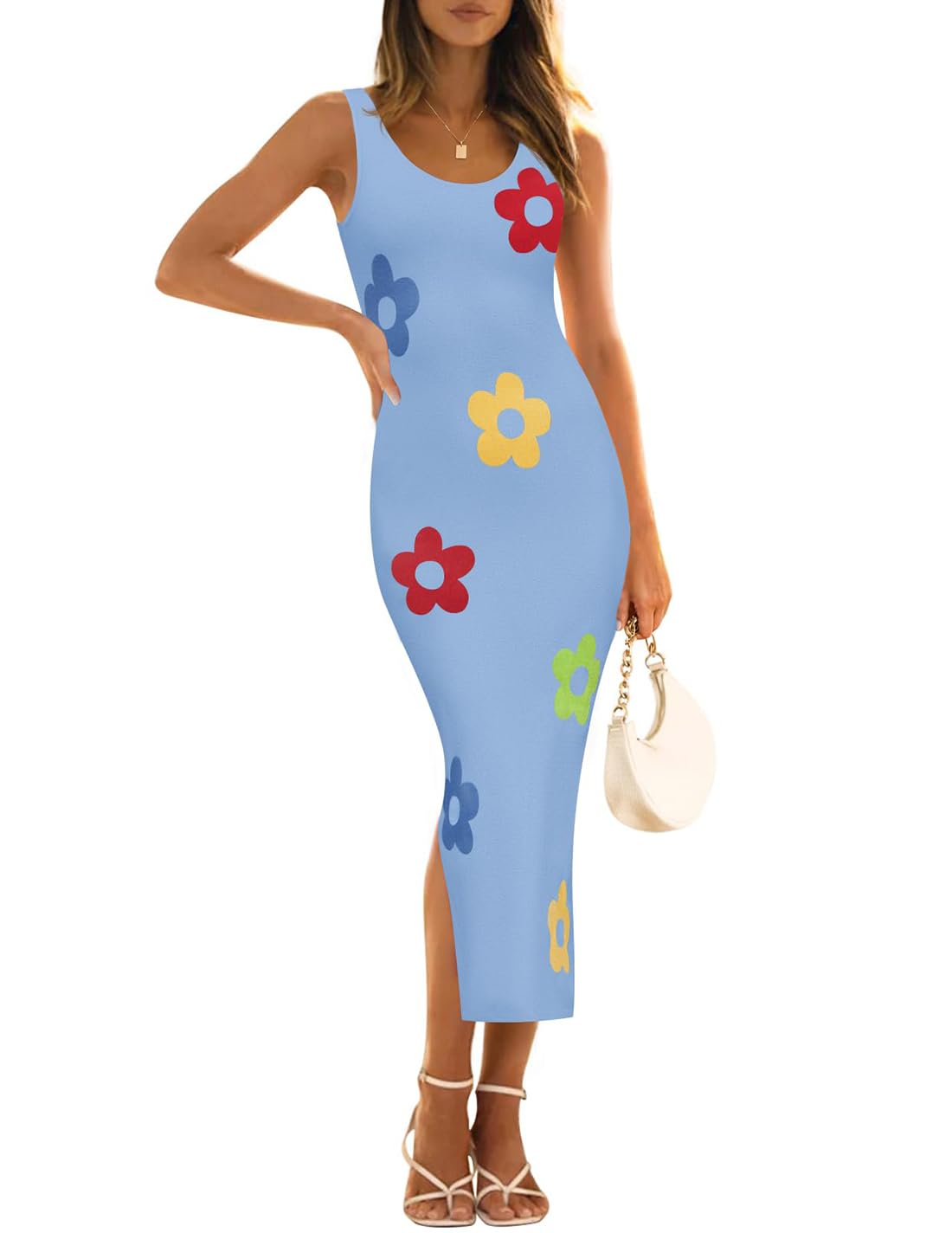 Foto 2 pulgar | Vestido Ajustado De Verano Zesica De Punto Floral A Media Pierna Azul Para Mujer - Venta Internacional.