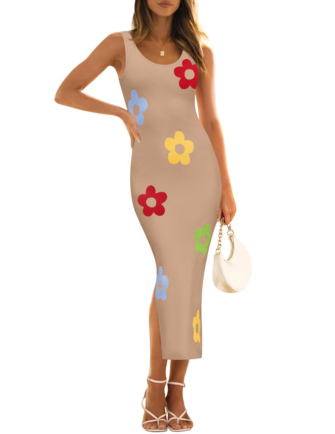 Vestido A Media Pierna De Punto Floral De Verano De Zesica Para Mujer, Color Caqui - Venta Internacional.