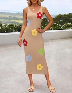Foto 3 | Vestido A Media Pierna De Punto Floral De Verano De Zesica Para Mujer, Color Caqui - Venta Internacional.