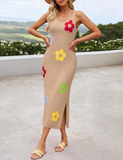 Foto 7 | Vestido A Media Pierna De Punto Floral De Verano De Zesica Para Mujer, Color Caqui - Venta Internacional.