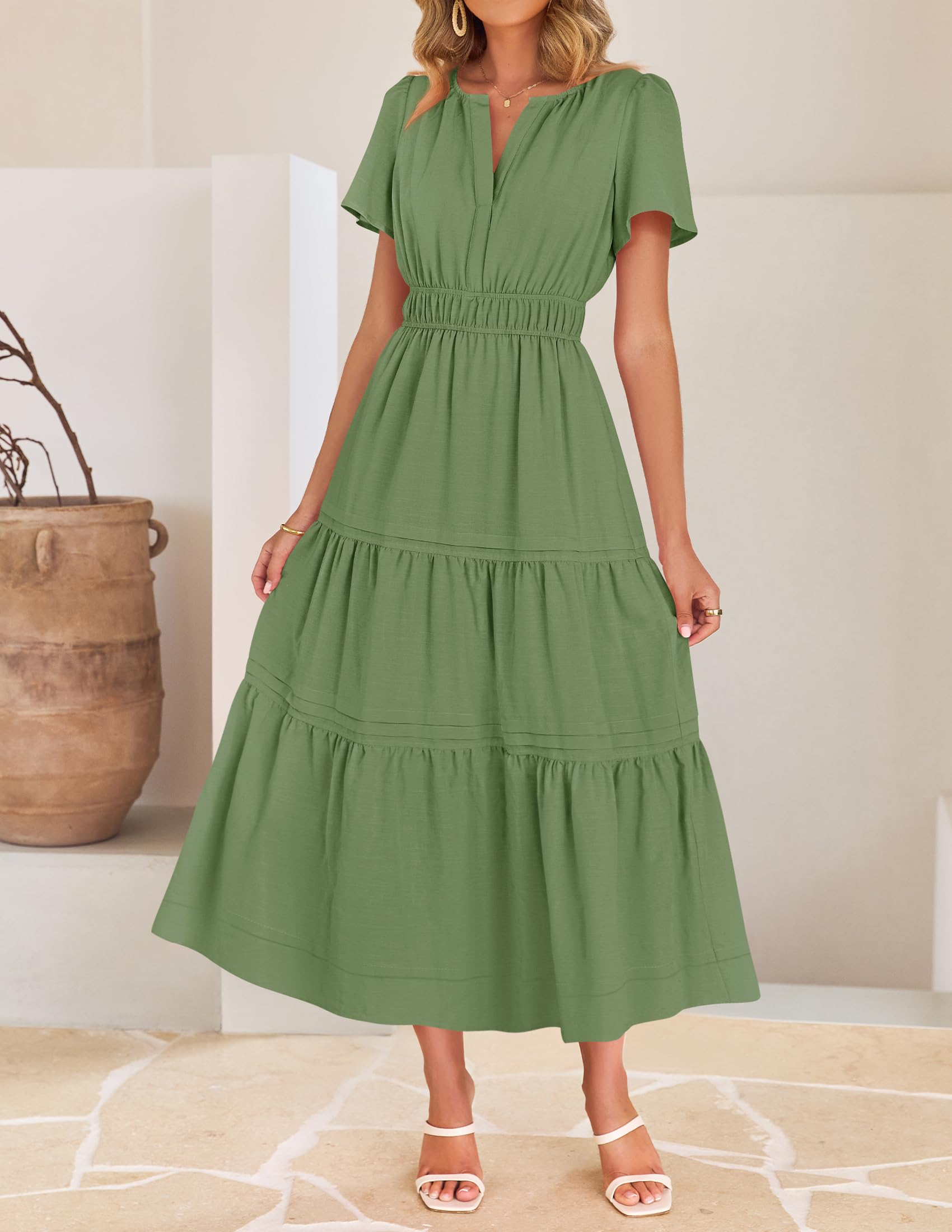 Foto 3 pulgar | Vestido Midi Zesica 2025 Casual De Verano Con Manga Corta Y Cuello En V - Venta Internacional.