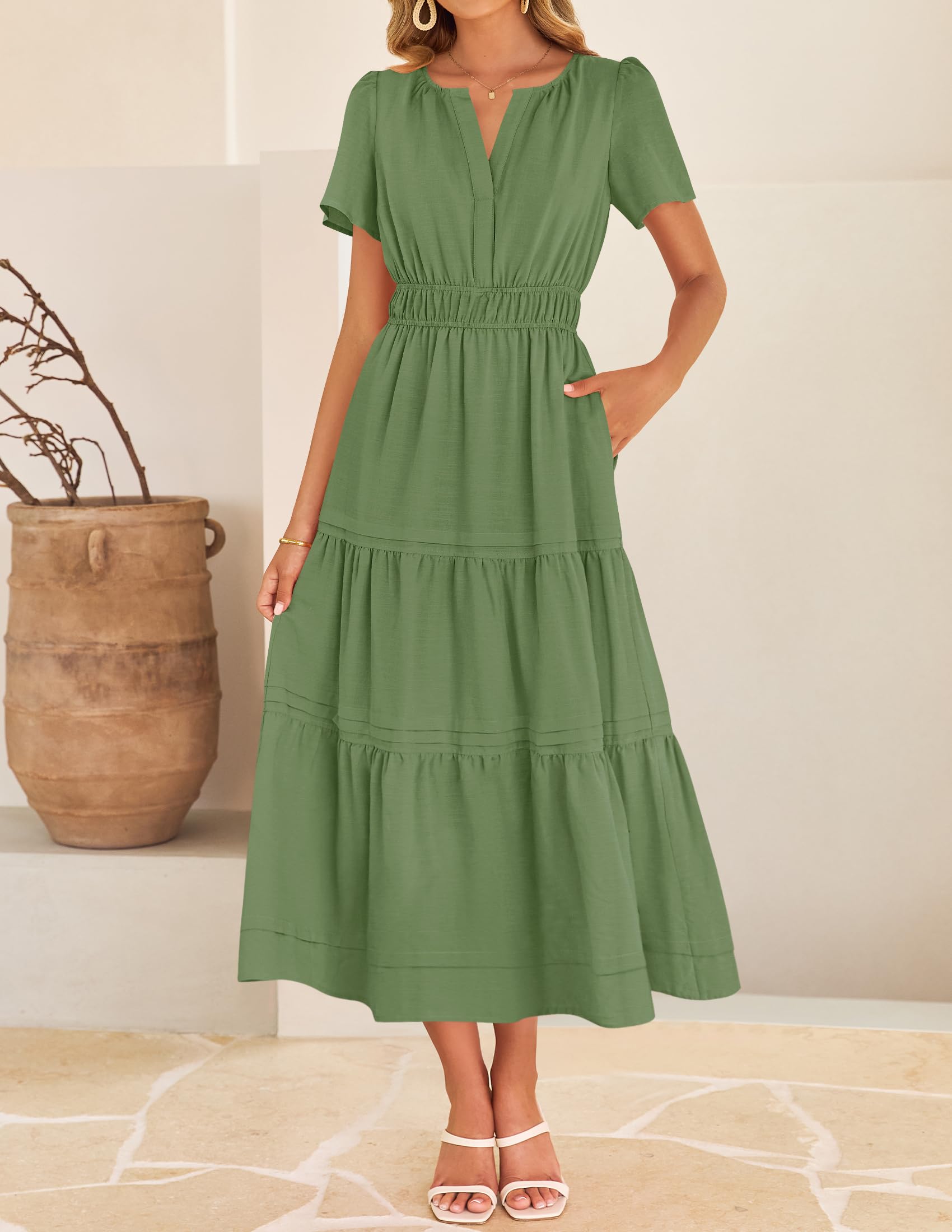Foto 4 pulgar | Vestido Midi Zesica 2025 Casual De Verano Con Manga Corta Y Cuello En V - Venta Internacional.