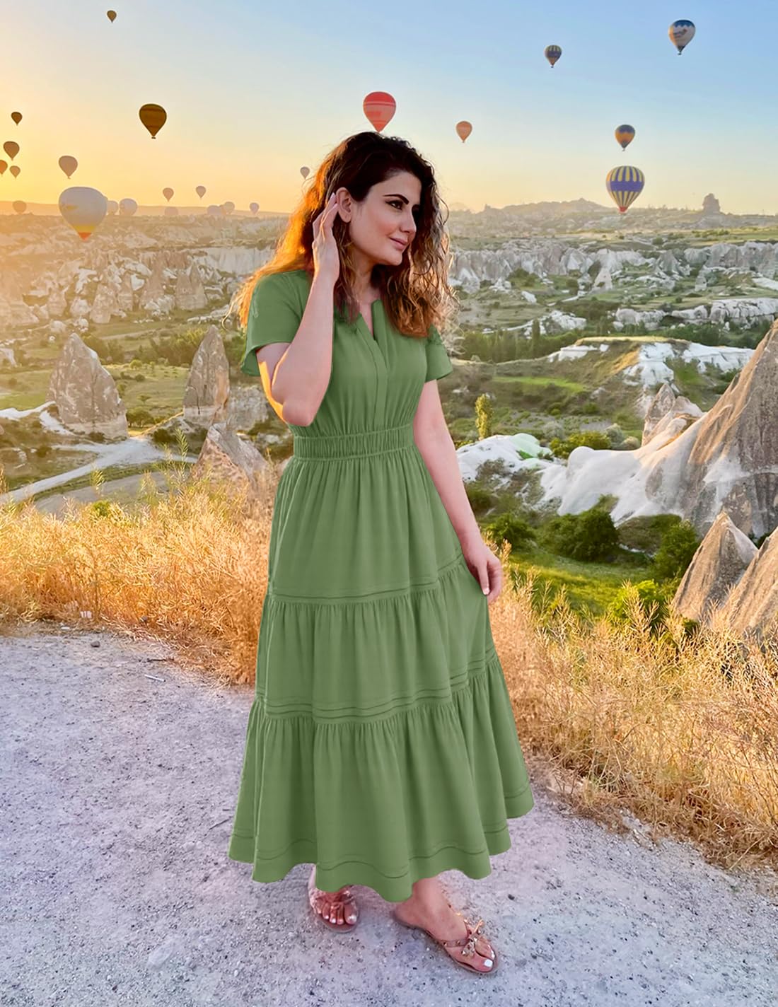 Foto 5 | Vestido Midi Zesica 2025 Casual De Verano Con Manga Corta Y Cuello En V - Venta Internacional.