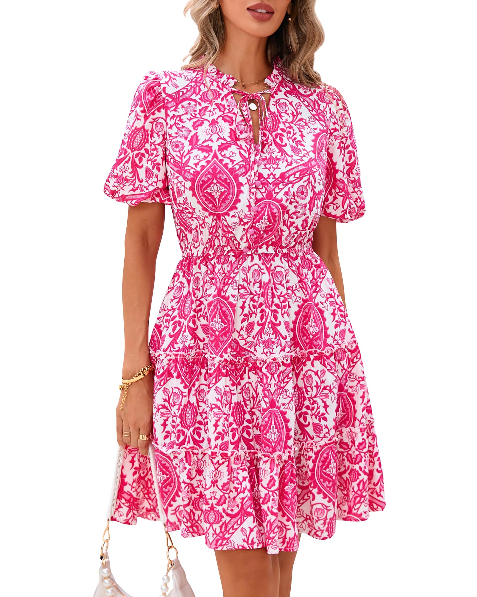 Foto 2 pulgar | Vestido Btfbm Para Mujer, Estampado Floral, Cuello En V, Manga Corta, Línea A - Venta Internacional.