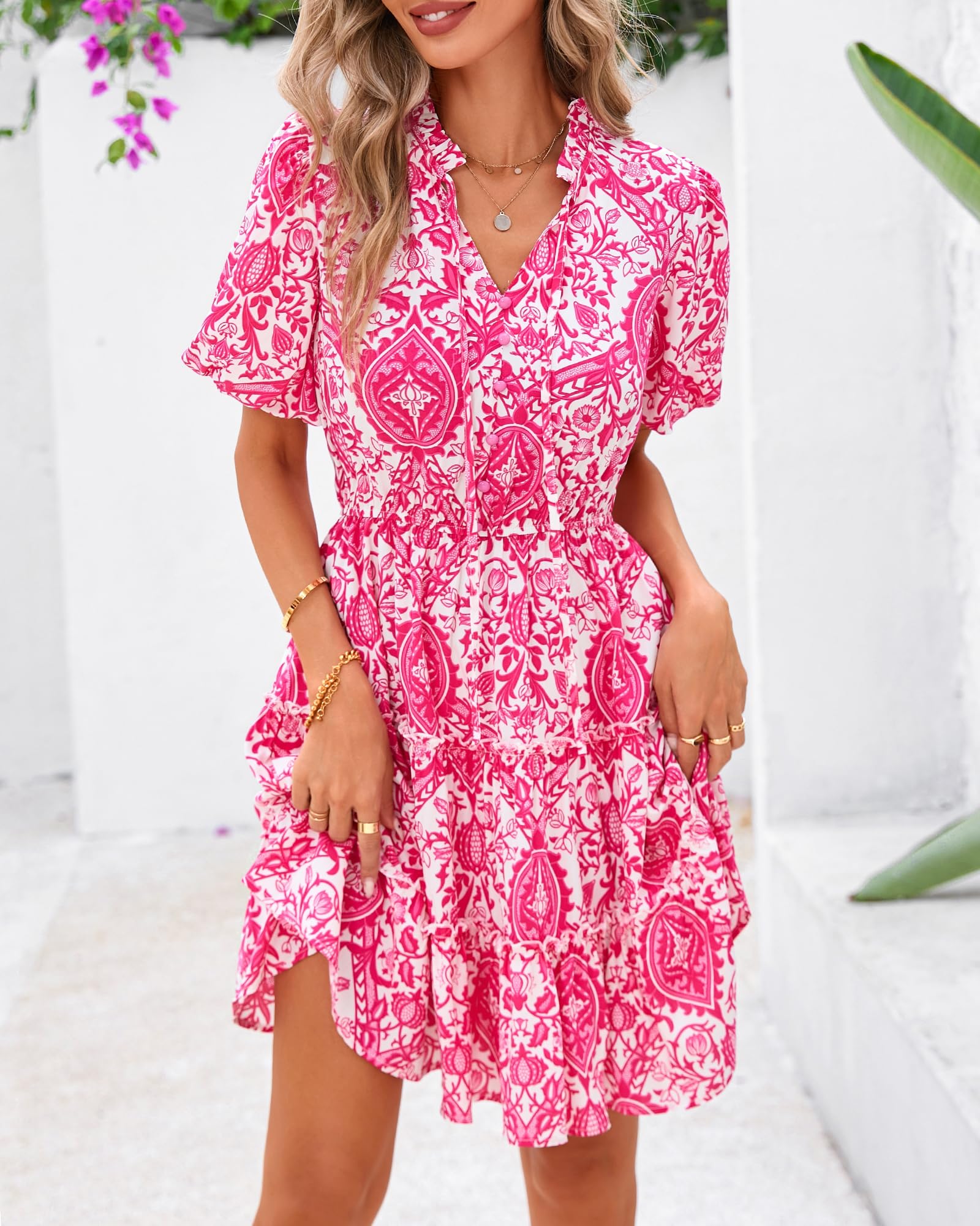 Foto 3 pulgar | Vestido Btfbm Para Mujer, Estampado Floral, Cuello En V, Manga Corta, Línea A - Venta Internacional.