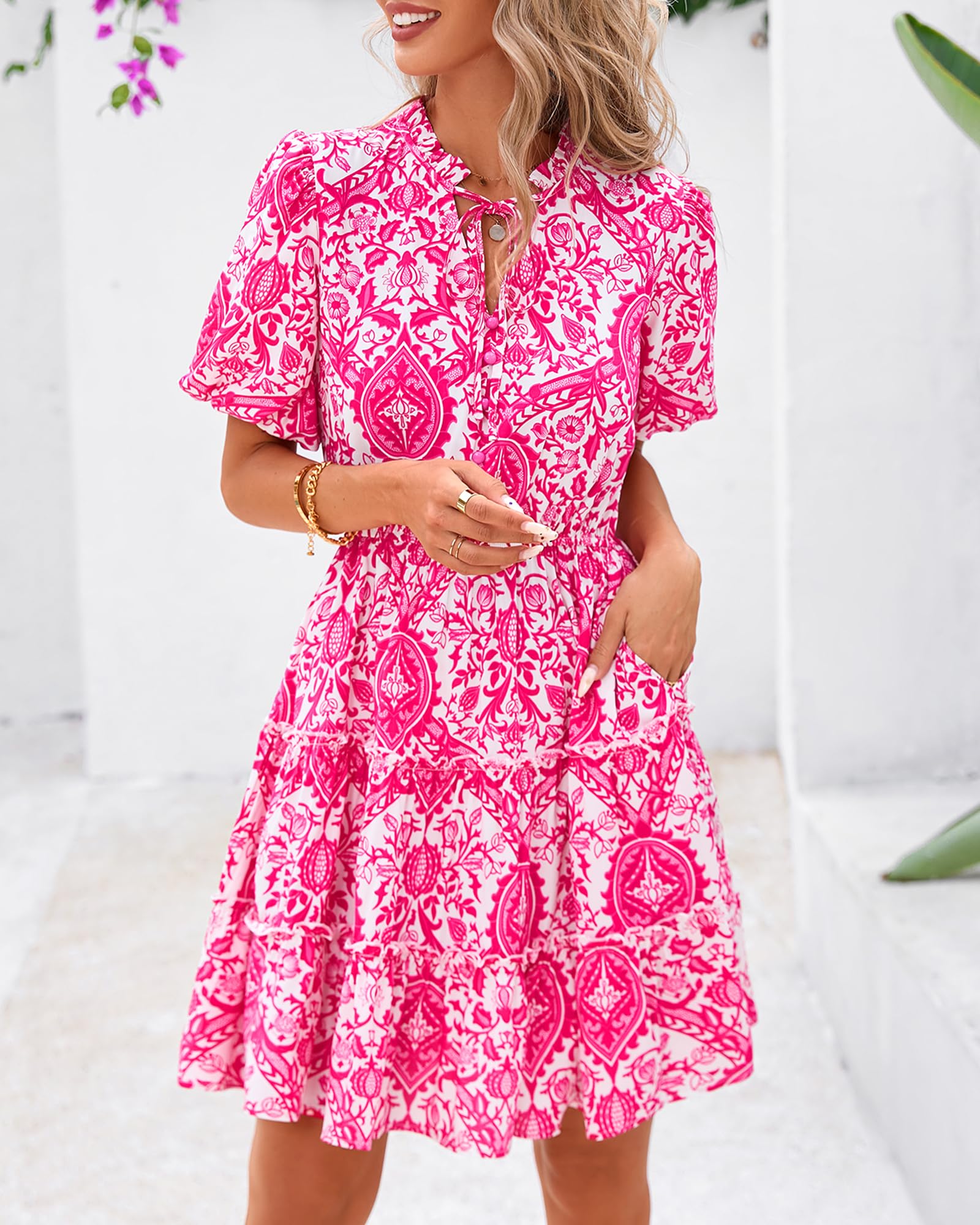 Foto 4 pulgar | Vestido Btfbm Para Mujer, Estampado Floral, Cuello En V, Manga Corta, Línea A - Venta Internacional.