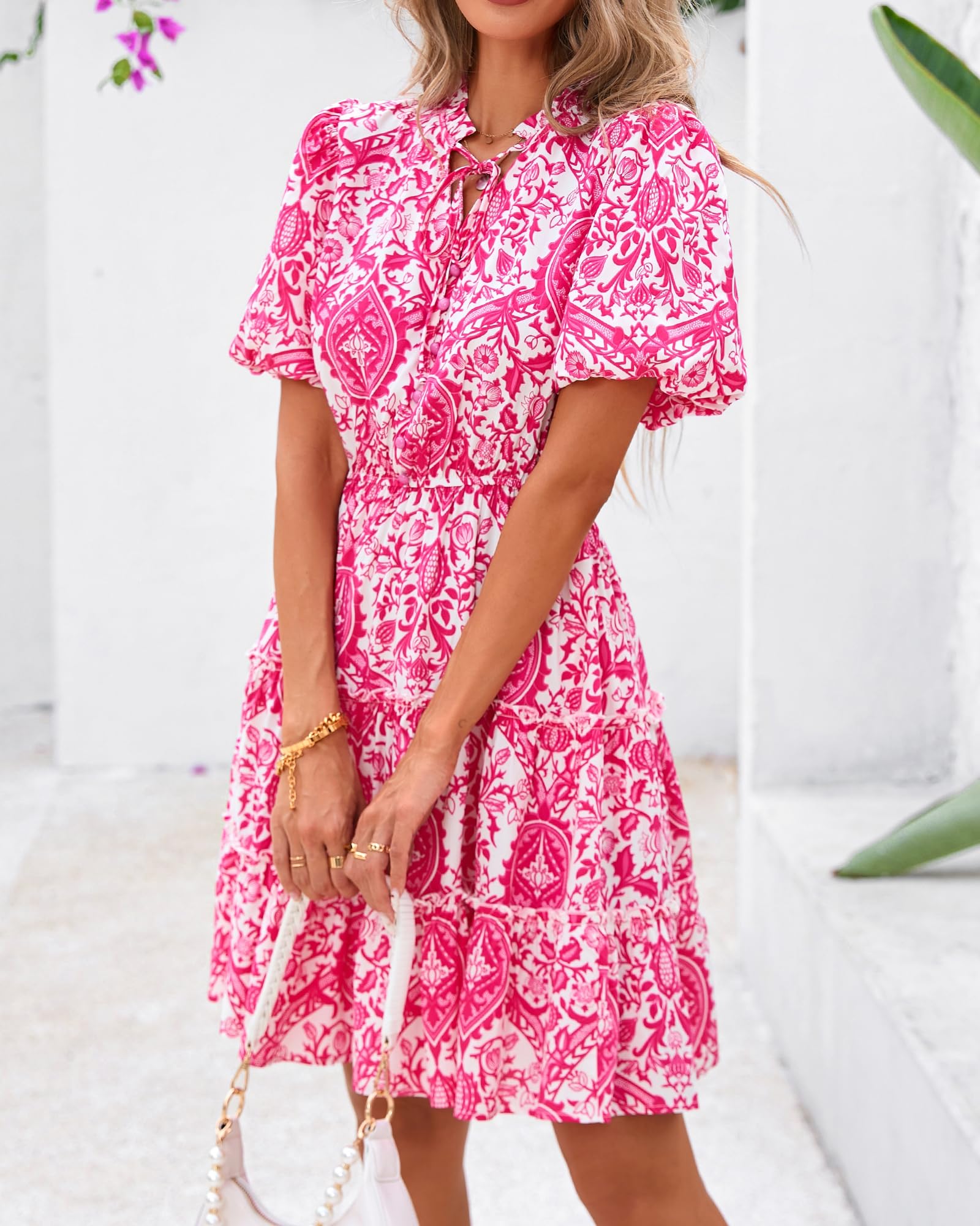Foto 5 pulgar | Vestido Btfbm Para Mujer, Estampado Floral, Cuello En V, Manga Corta, Línea A - Venta Internacional.