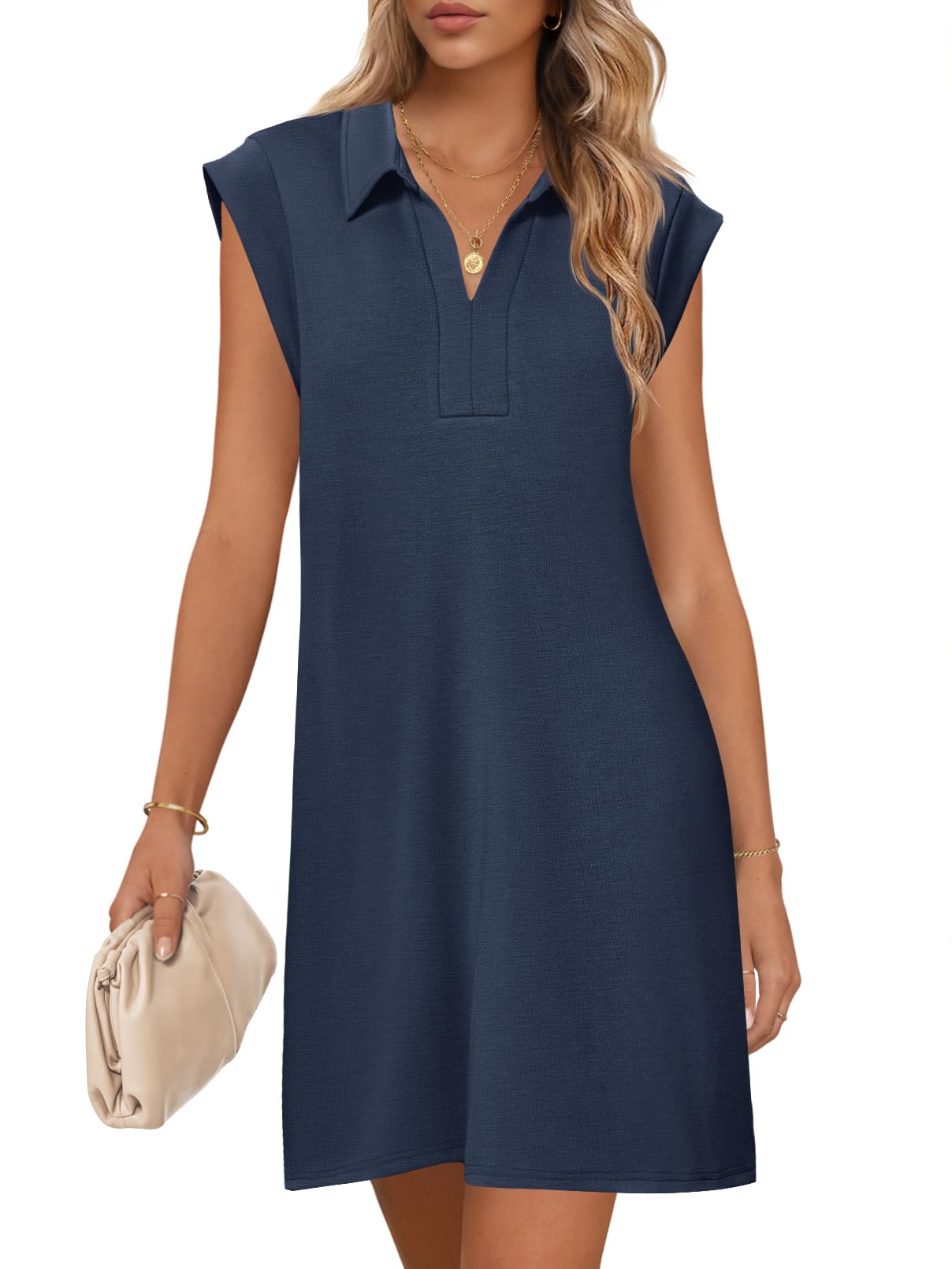 Foto 2 pulgar | Vestido Merokeety 2025 De Verano De Manga Corta Con Cuello En V Azul Marino Para Mujer - Venta Internacional.
