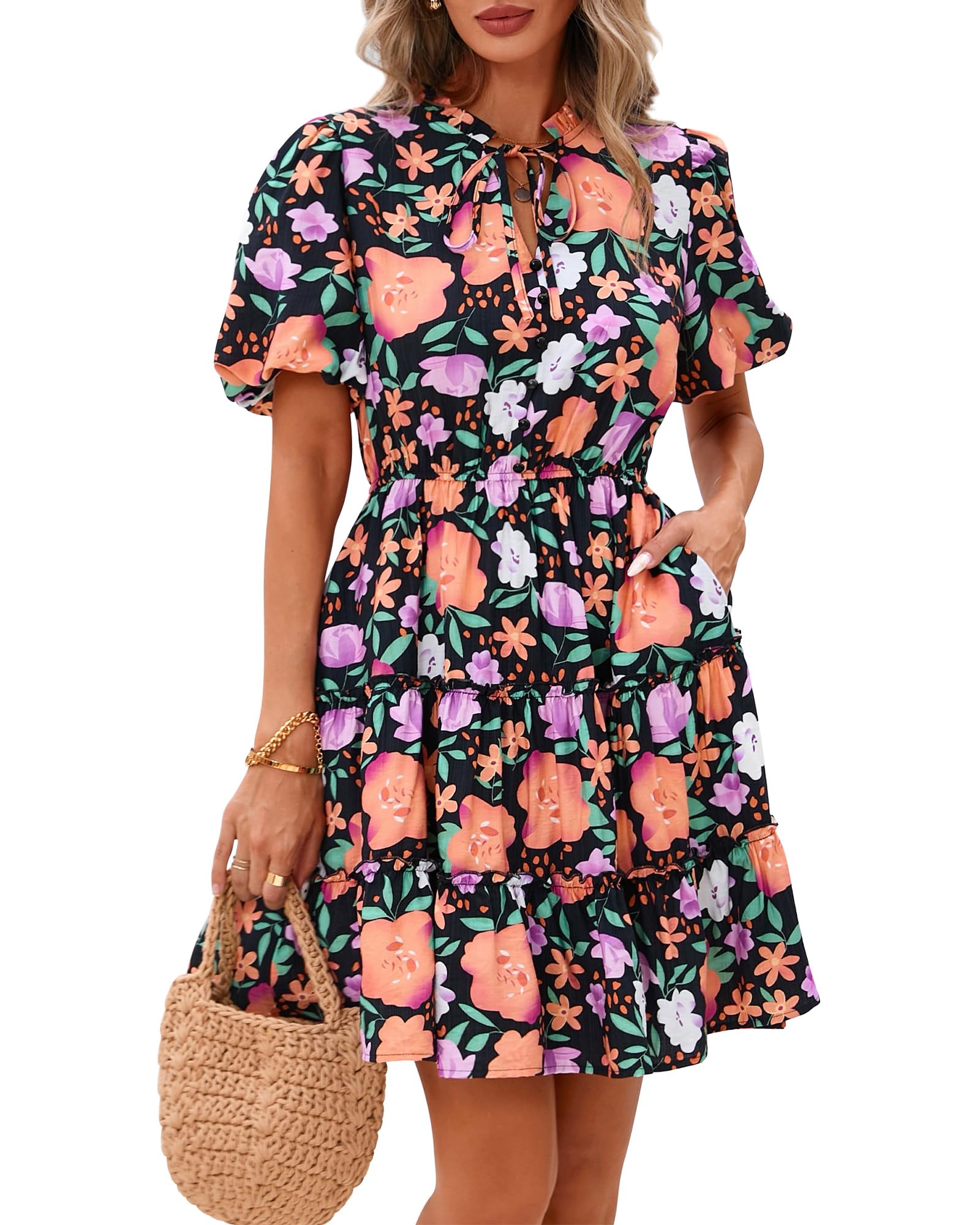 Foto 2 pulgar | Vestido Btfbm Para Mujer, Estampado Floral, Cuello En V, Manga Corta, Línea A - Venta Internacional.