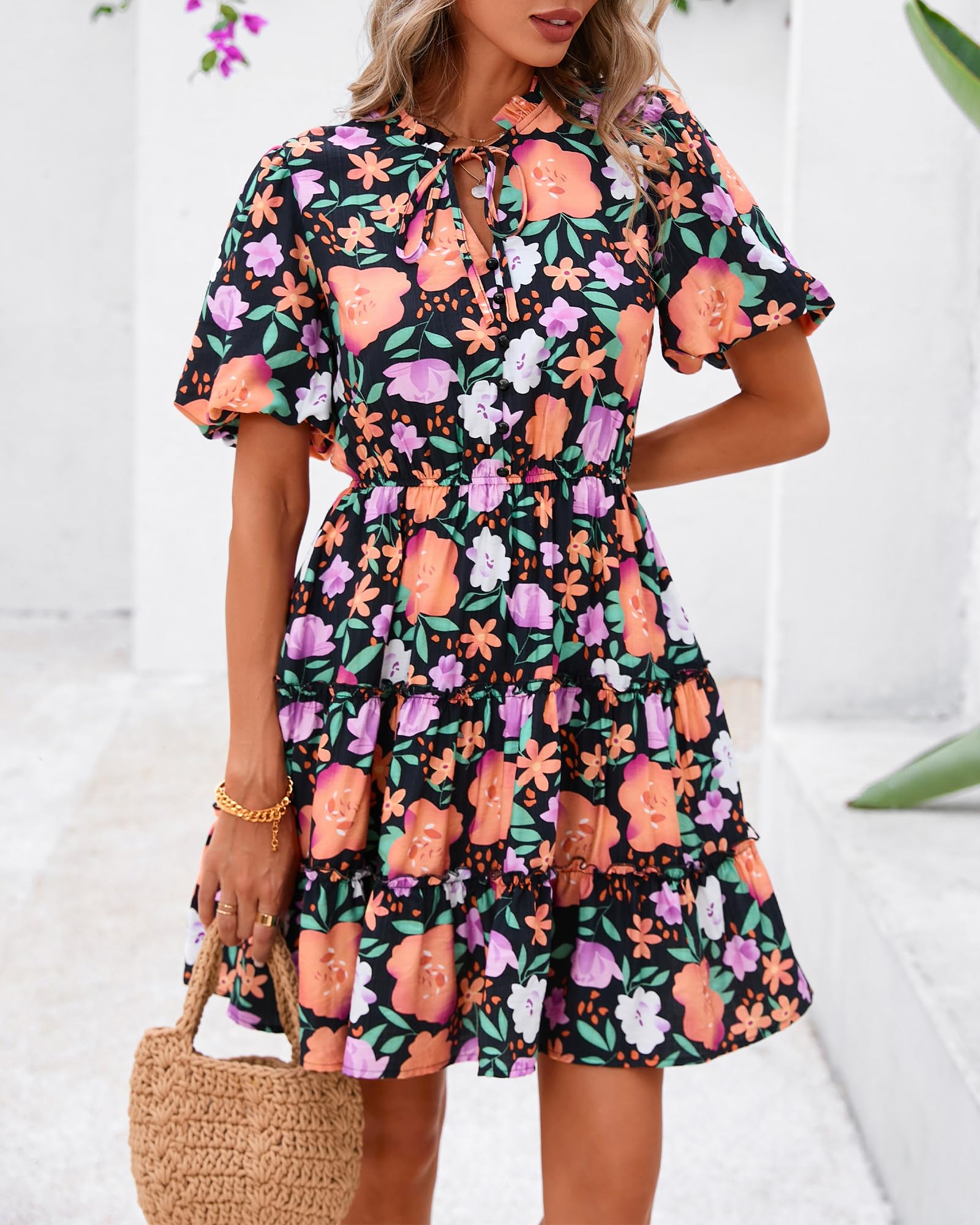 Foto 3 pulgar | Vestido Btfbm Para Mujer, Estampado Floral, Cuello En V, Manga Corta, Línea A - Venta Internacional.