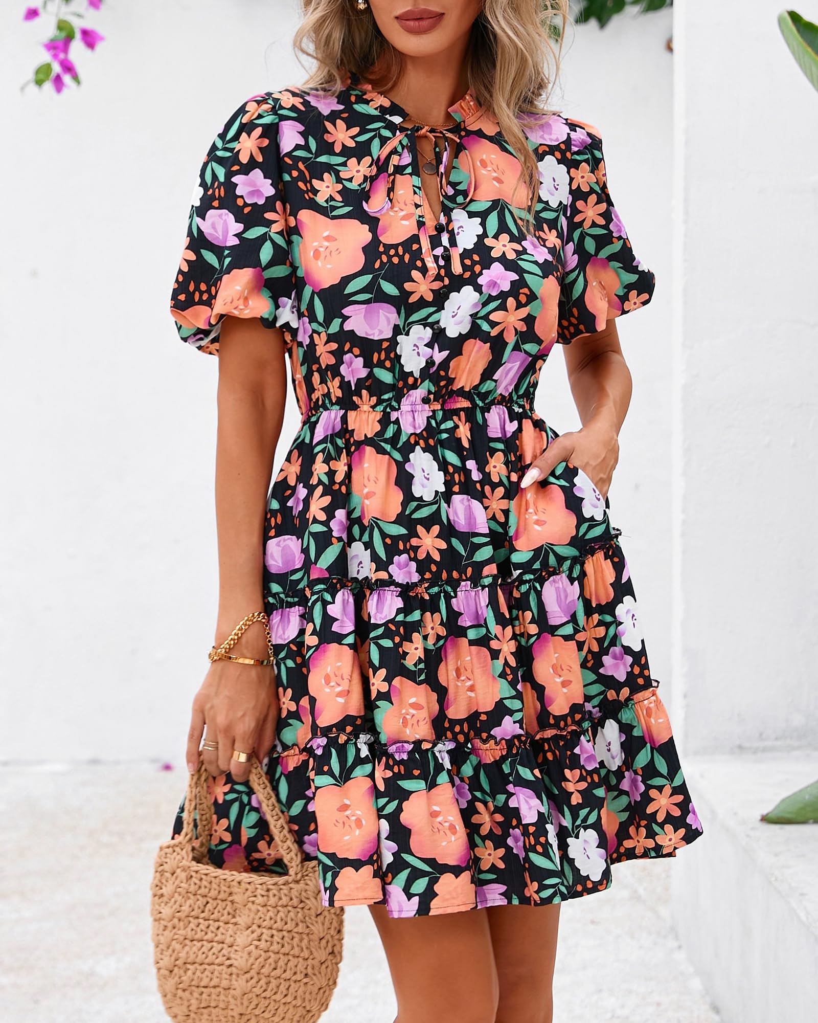 Foto 4 pulgar | Vestido Btfbm Para Mujer, Estampado Floral, Cuello En V, Manga Corta, Línea A - Venta Internacional.