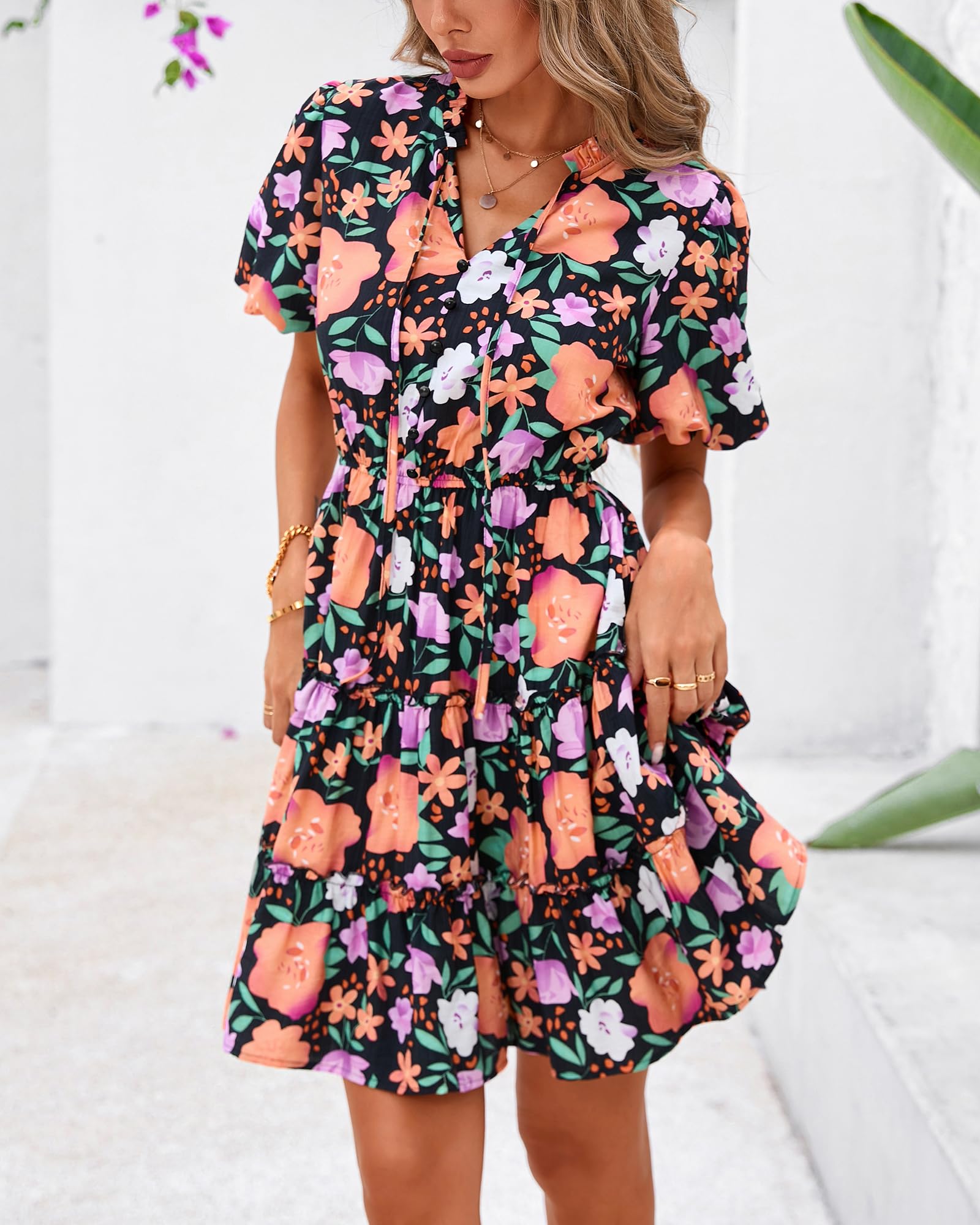Foto 5 pulgar | Vestido Btfbm Para Mujer, Estampado Floral, Cuello En V, Manga Corta, Línea A - Venta Internacional.