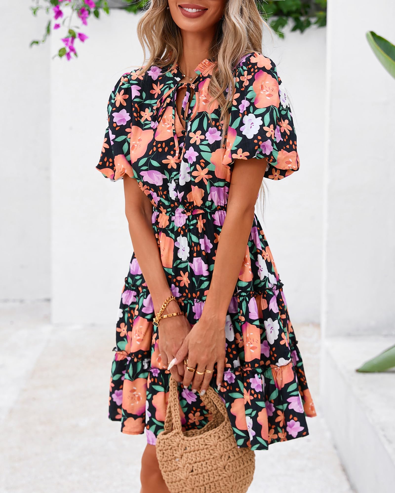 Foto 6 pulgar | Vestido Btfbm Para Mujer, Estampado Floral, Cuello En V, Manga Corta, Línea A - Venta Internacional.